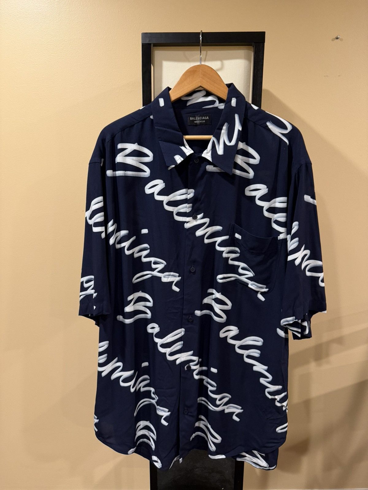 Balenciaga Balenciaga All Over Cursive Script Logo Minimal Navy Shirt Size US XL / EU 56 / 4 - 1 Thumbnail