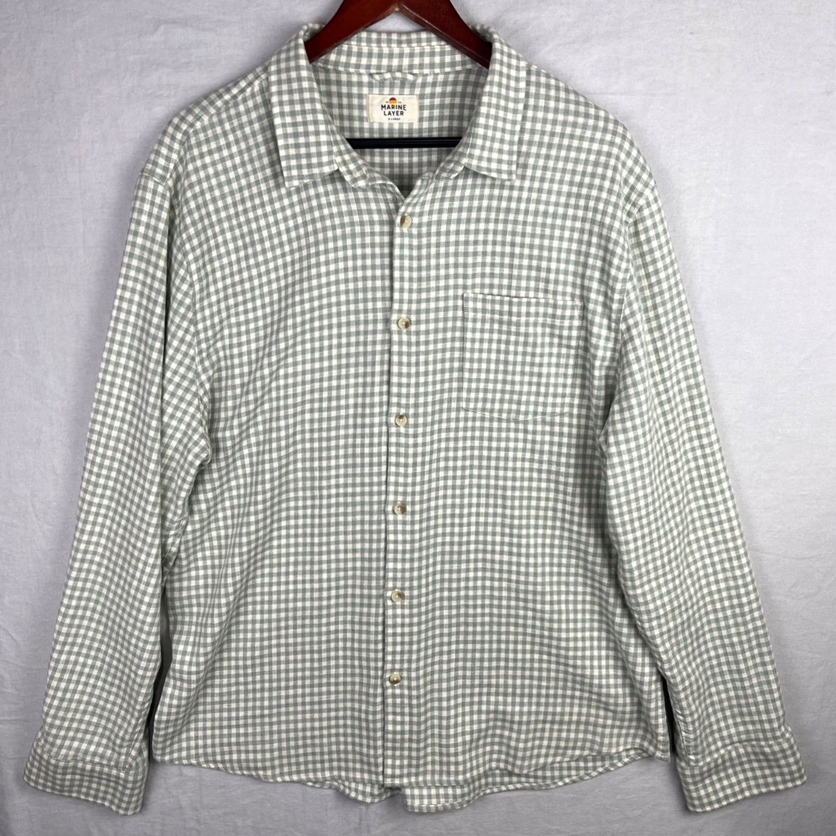 Marine Layer Marine Layer Shirt Mens Large Gingham Button-Up Green White Long Sleeve Flannel Size US L / EU 52-54 / 3 - 2 Thumbnail