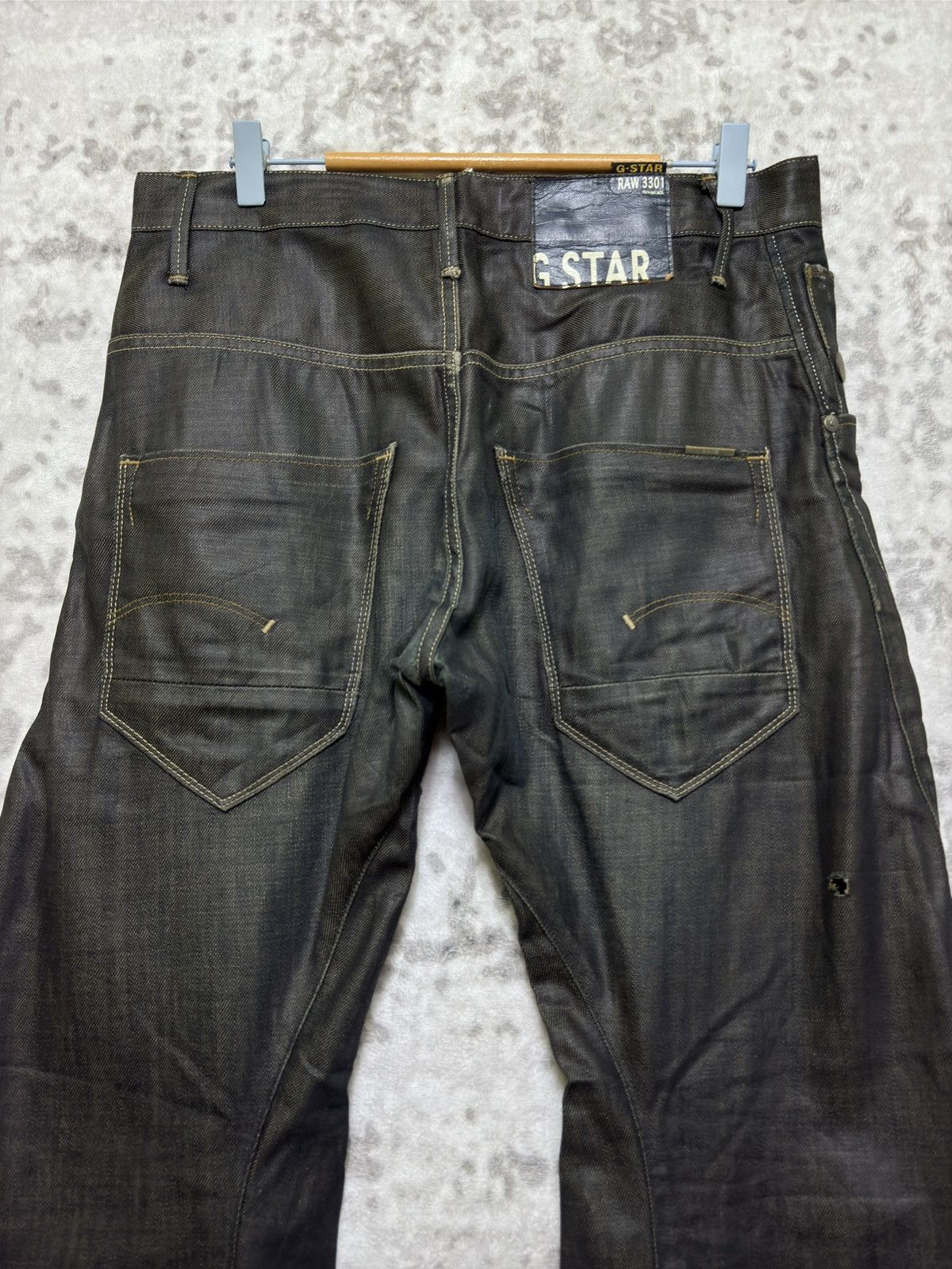 G-Star Vintage G-Star RAW 3301 Waxed Coated Distressed Denim Jeans Size US 31 - 8 Thumbnail