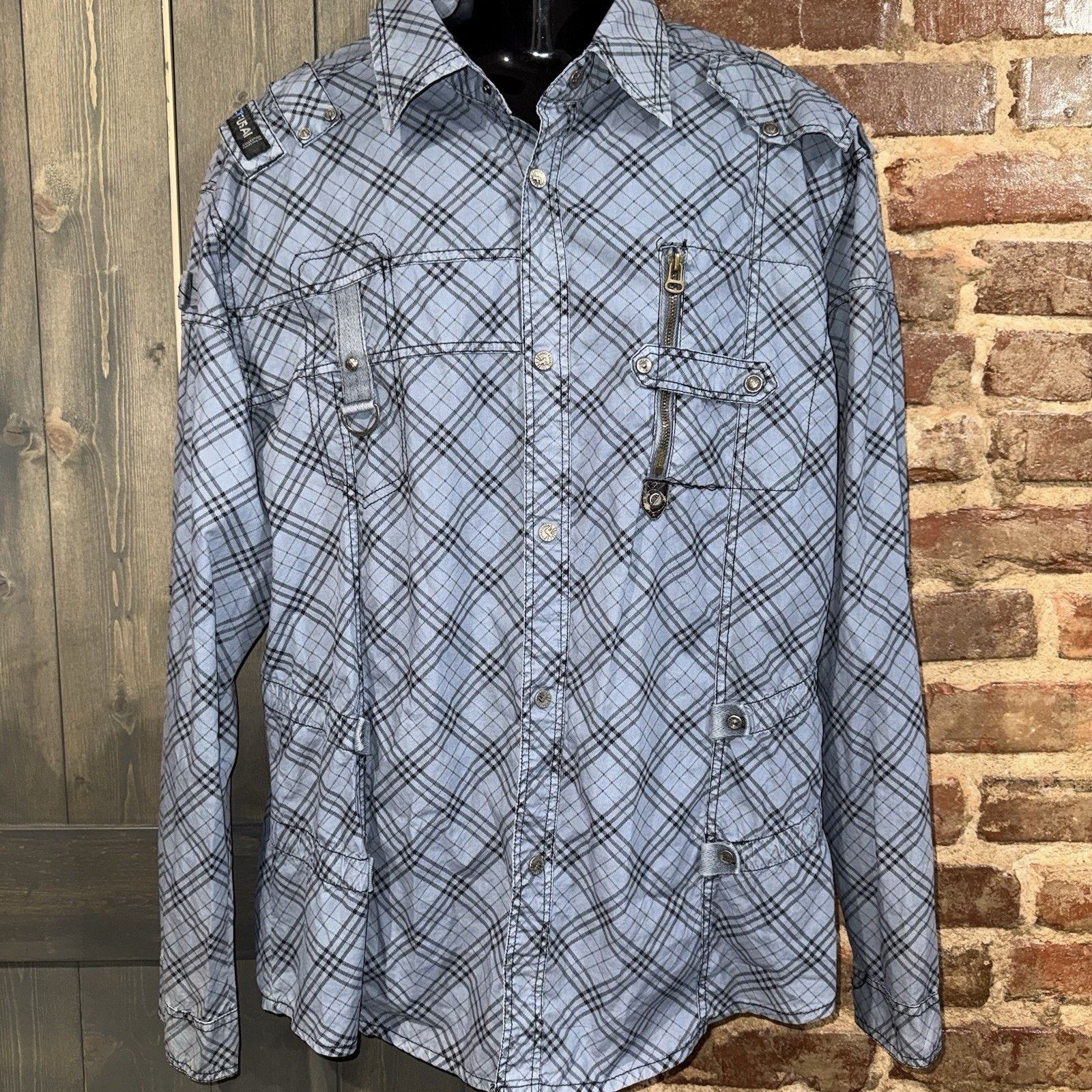 FUSAI Utility Shirt Mens XXL Blue Plaid Zip Pocket Military Shirt Size US XXL / EU 58 / 5 - 2 Thumbnail