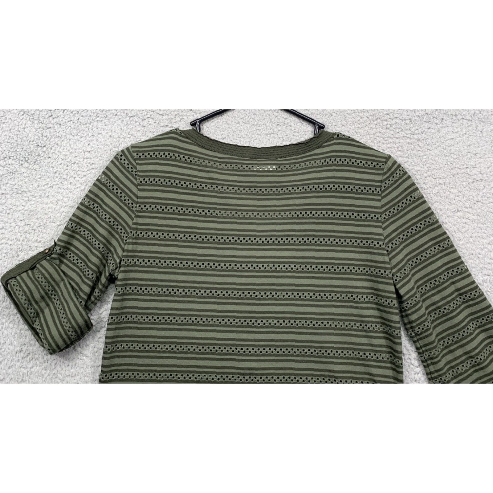 Vintage UNIONBAY Womens Top M Forest Green 3/4 Sleeve Rounded Hem Breathable Cotton Polyester Stripes Lace Holes Pullover Shirt Adults Womens Size M / US 6-8 / IT 42-44 - 7 Thumbnail