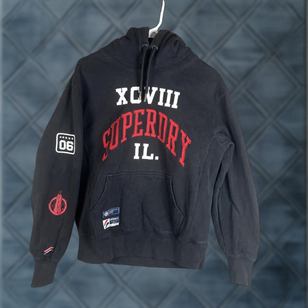 Superdry Superdry Hoodie Mens Small Black Fleece Pullover Sweatshirt Graphic Print Logo Embroidered Pockets Hooded Crew Neck Kangaroo Pocket Size US S / EU 44-46 / 1 - 1 Thumbnail