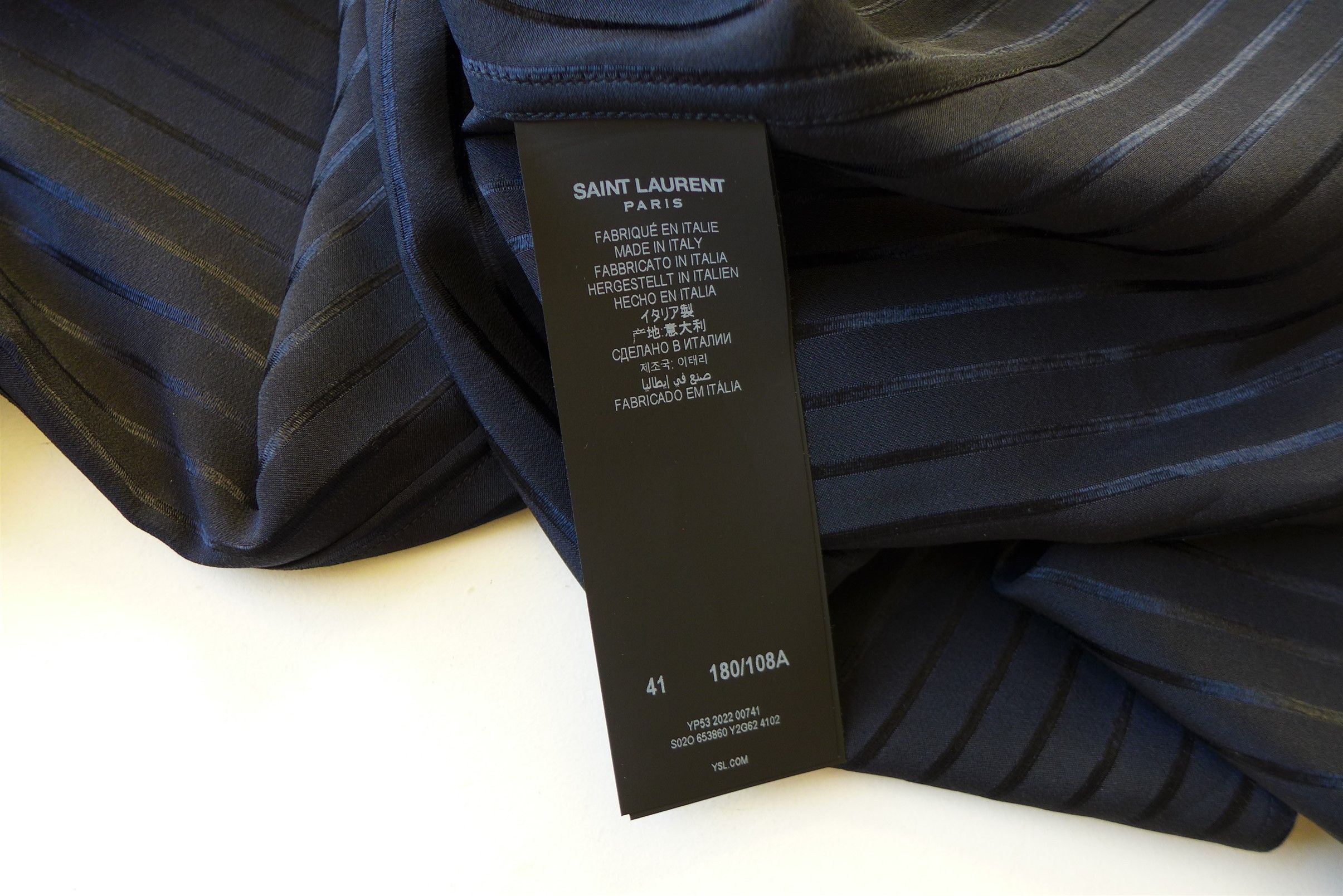 Saint Laurent Paris Saint Laurent Navy Stripe Silk Shirt Size US XL / EU 56 / 4 - 14 Thumbnail