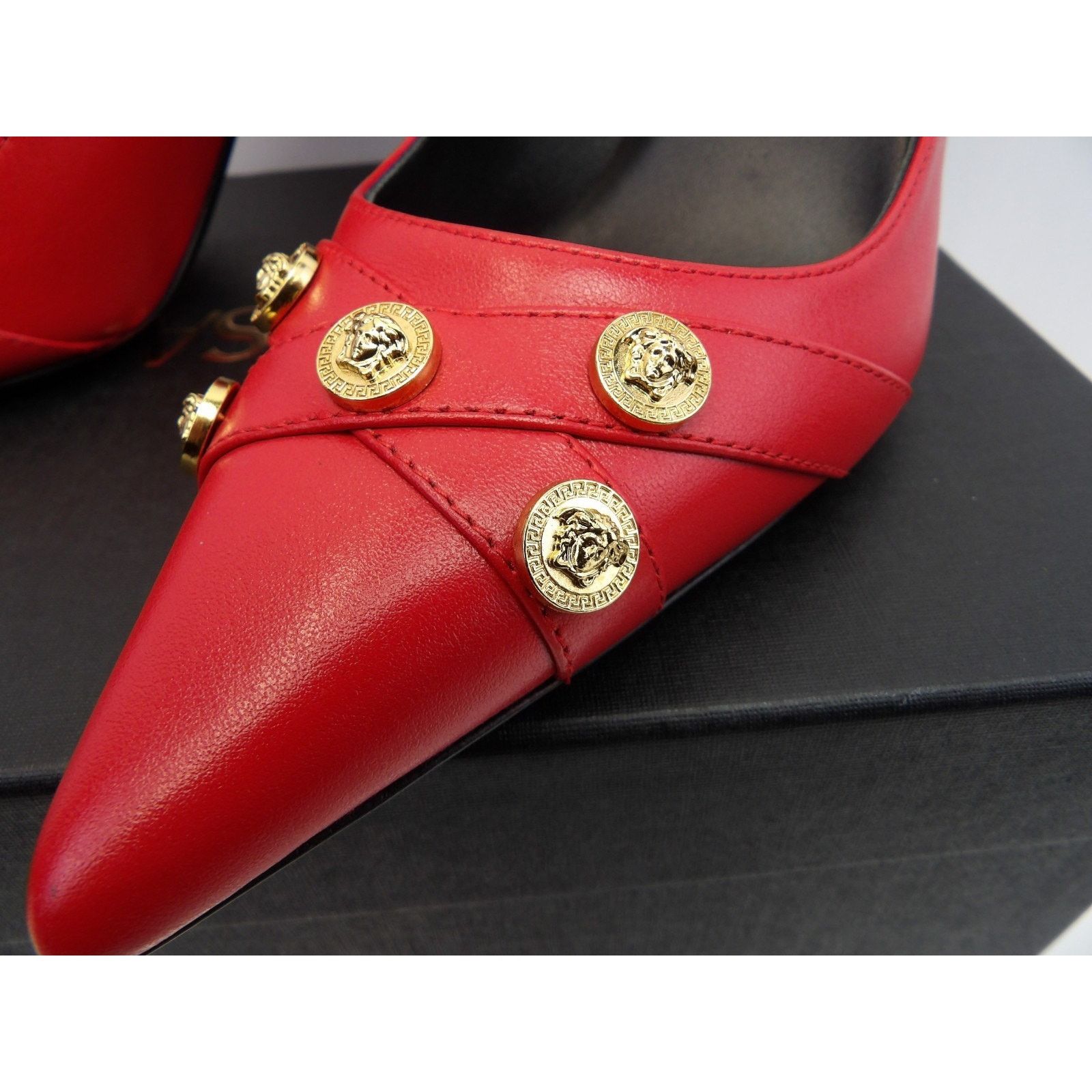 Versace NIB VERSACE RED LEATHER GOLD MEDUSA LOGO STUDS PUMPS 37 Size US 7 / IT 37 - 3 Thumbnail
