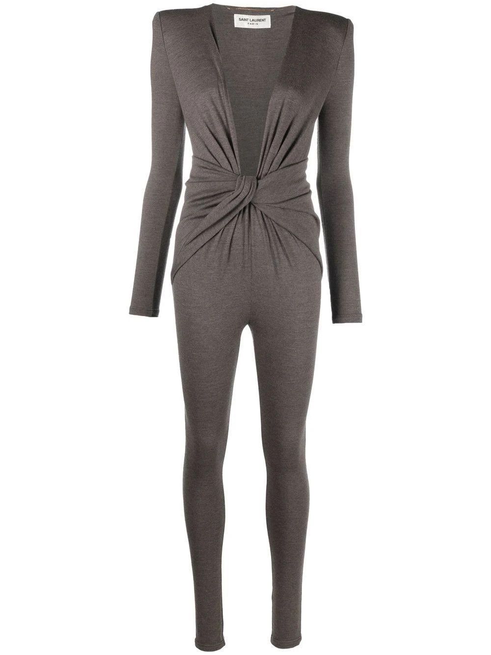 o1b1hav110724 V-neck Catsuit in Wool Jersey in Grey