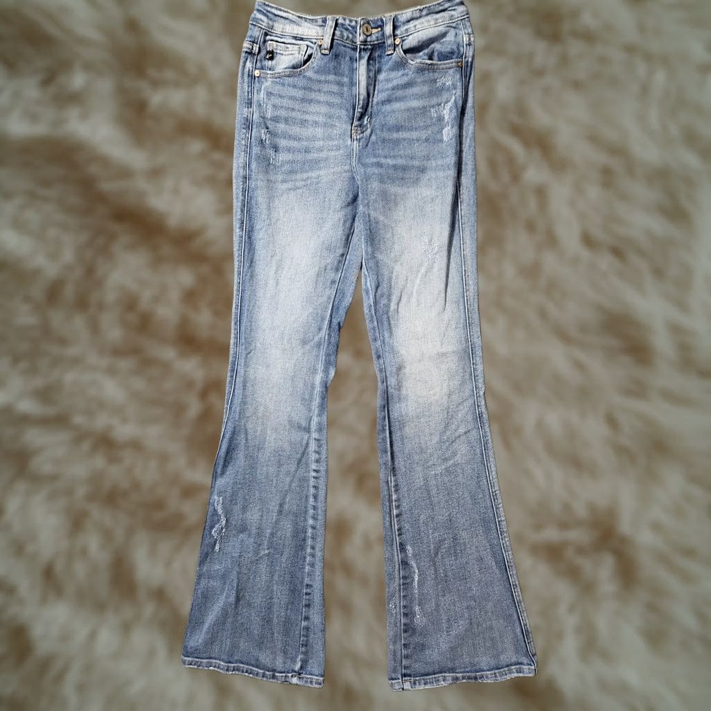 Vintage Kancan High Waist Flare Jeans Women's 1/24 Blue Stretch Distressed 5-Pocket Logo Zipper Button Hippie Bohemian 90s Juniors Womens 33in Inseam Size 25" / US 0 / IT 36 - 1 Thumbnail