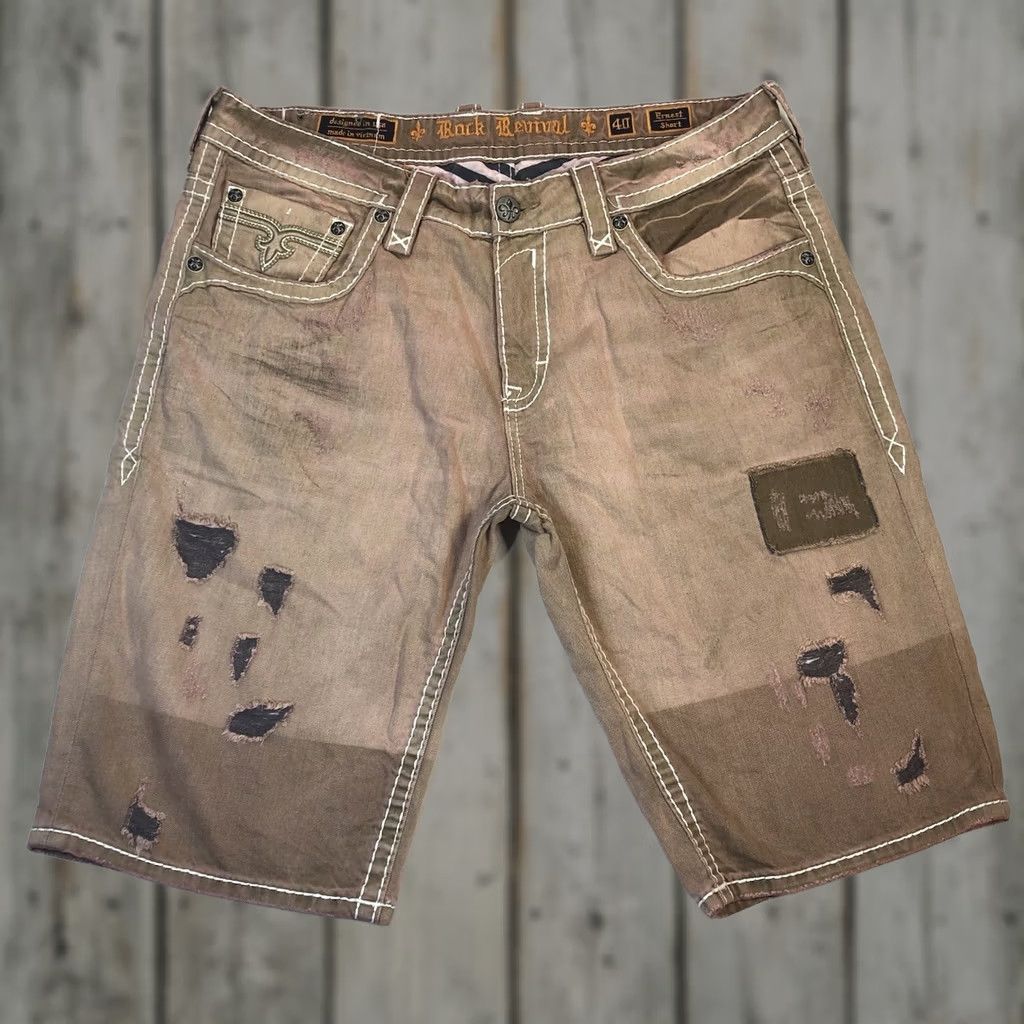 Vintage Rock Revival Ernest Mens 40 Pink Jean Shorts Studded Patchwork Distressed 13" Inseam Regular Fit Blood Line Rock Revival Ernest Men's Shorts Size US 40 / EU 56 - 1 Thumbnail