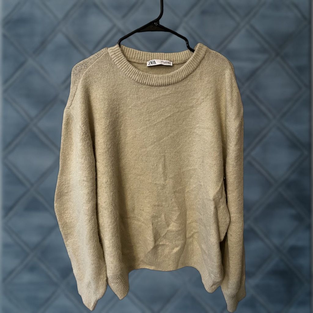Zara ZARA Check Knit Sweater Womens Medium Beige Crewneck Pullover Stretch Acrylic Casual 80s 90s Bohemian Size M / US 6-8 / IT 42-44 - 1 Thumbnail