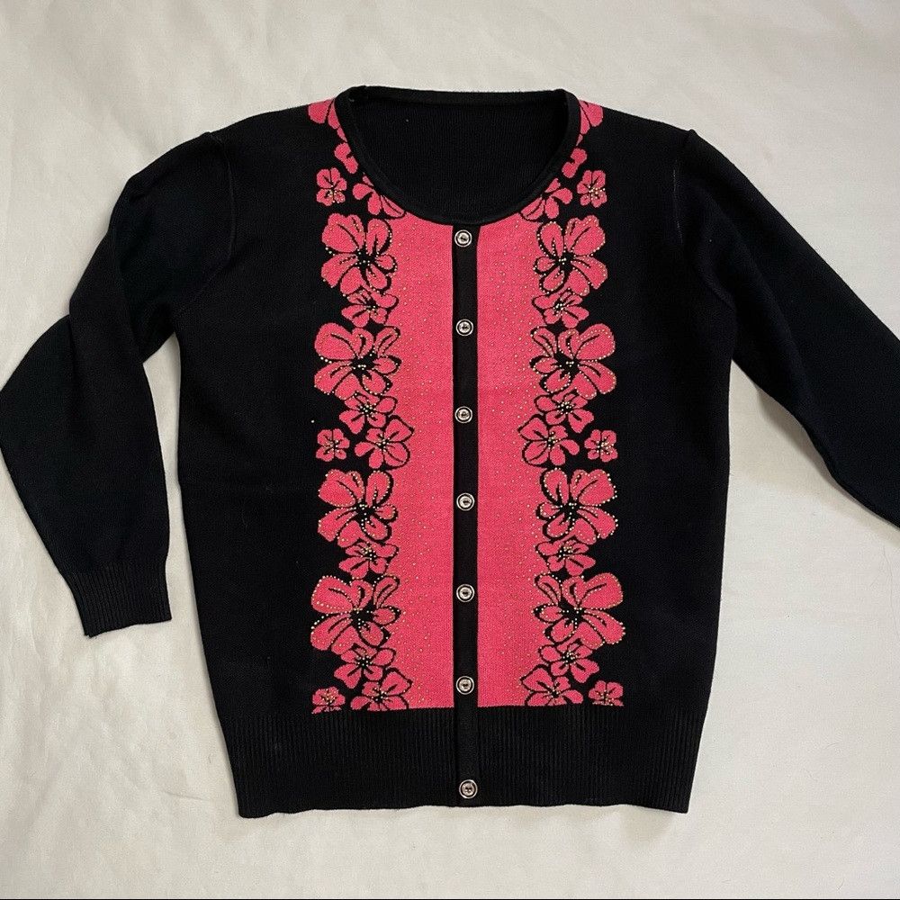Other New Wool Silk Blend Black With Front Pink Floral Pattern Ca Size M / US 6-8 / IT 42-44 - 5 Thumbnail