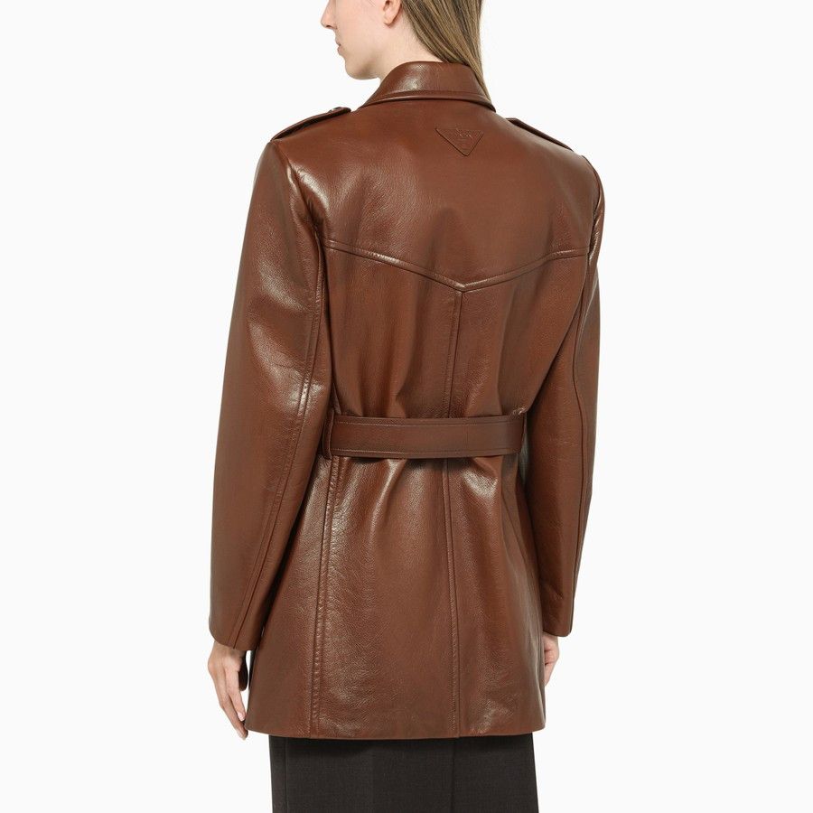 Prada o1d2blof0924 Leather Double-breasted Coat in Brown Size XS / US 0-2 / IT 36-38 - 2 Thumbnail