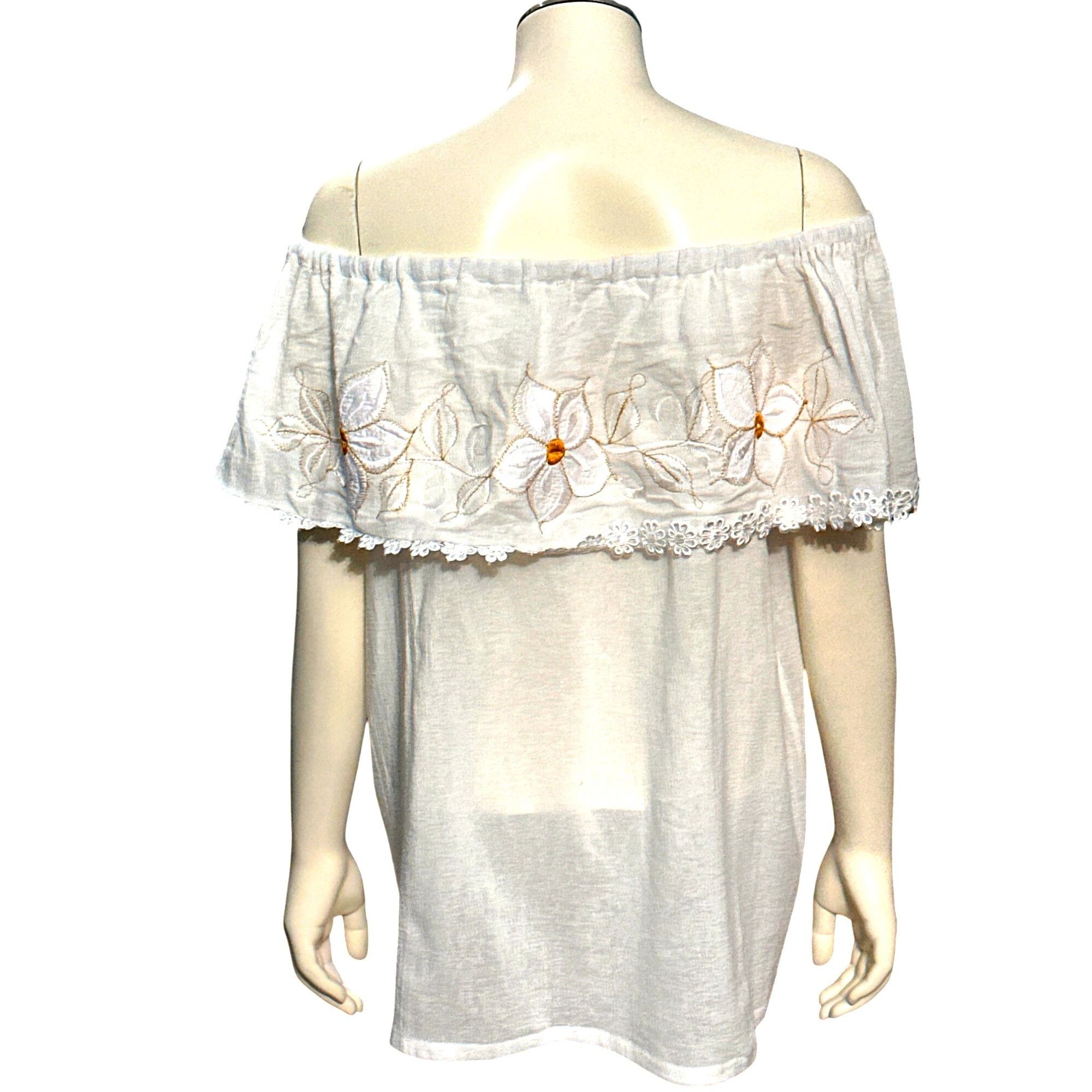 Other Handmade Off Shoulder White Cotton Blouse Floral Embroidery Size L / US 10 / IT 46 - 3 Thumbnail