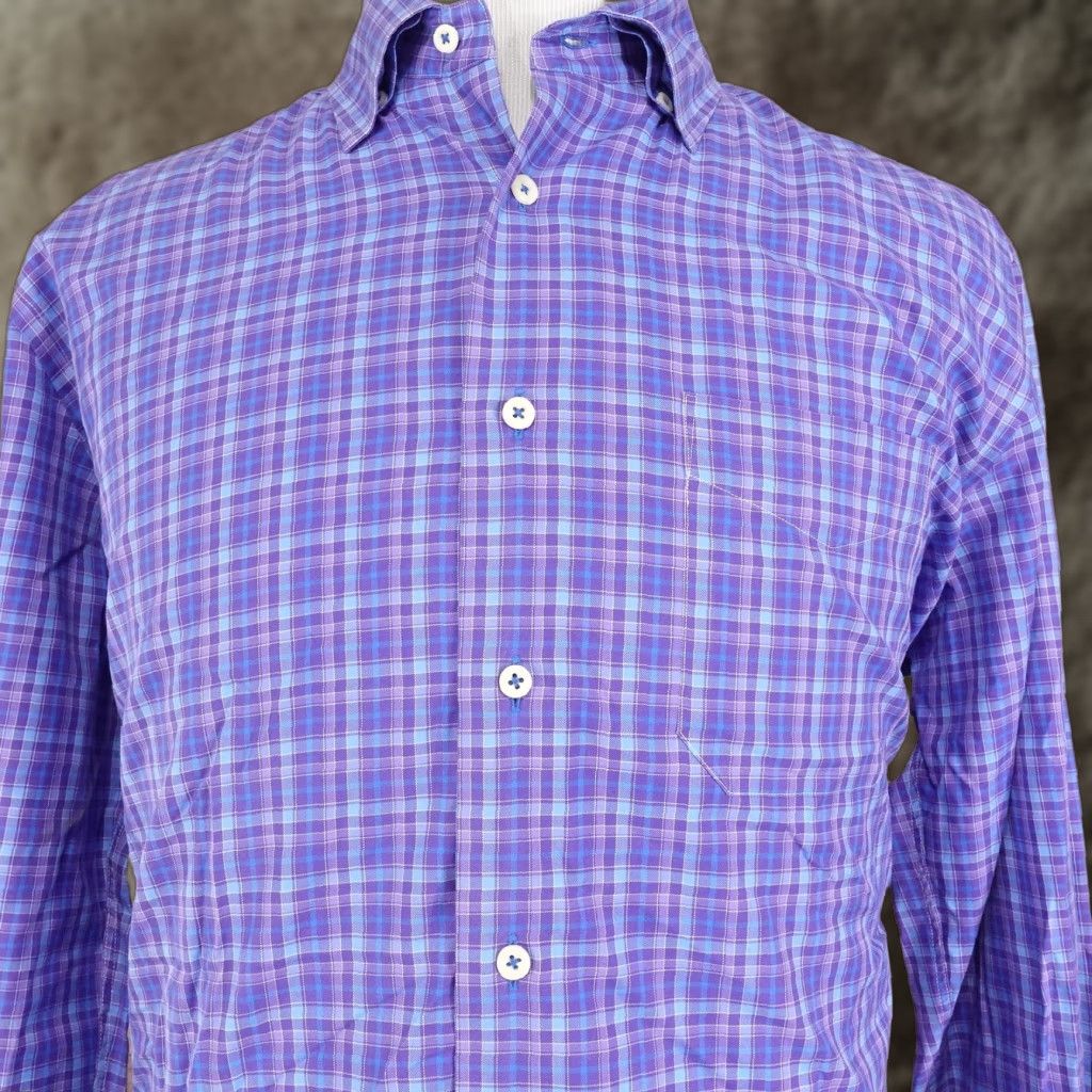 David Donahue DAVID DONAHUE Dress Shirt Mens XL Purple Blue Plaid Long Sleeve Cotton Button-Down Size US XL / EU 56 / 4 - 1 Thumbnail