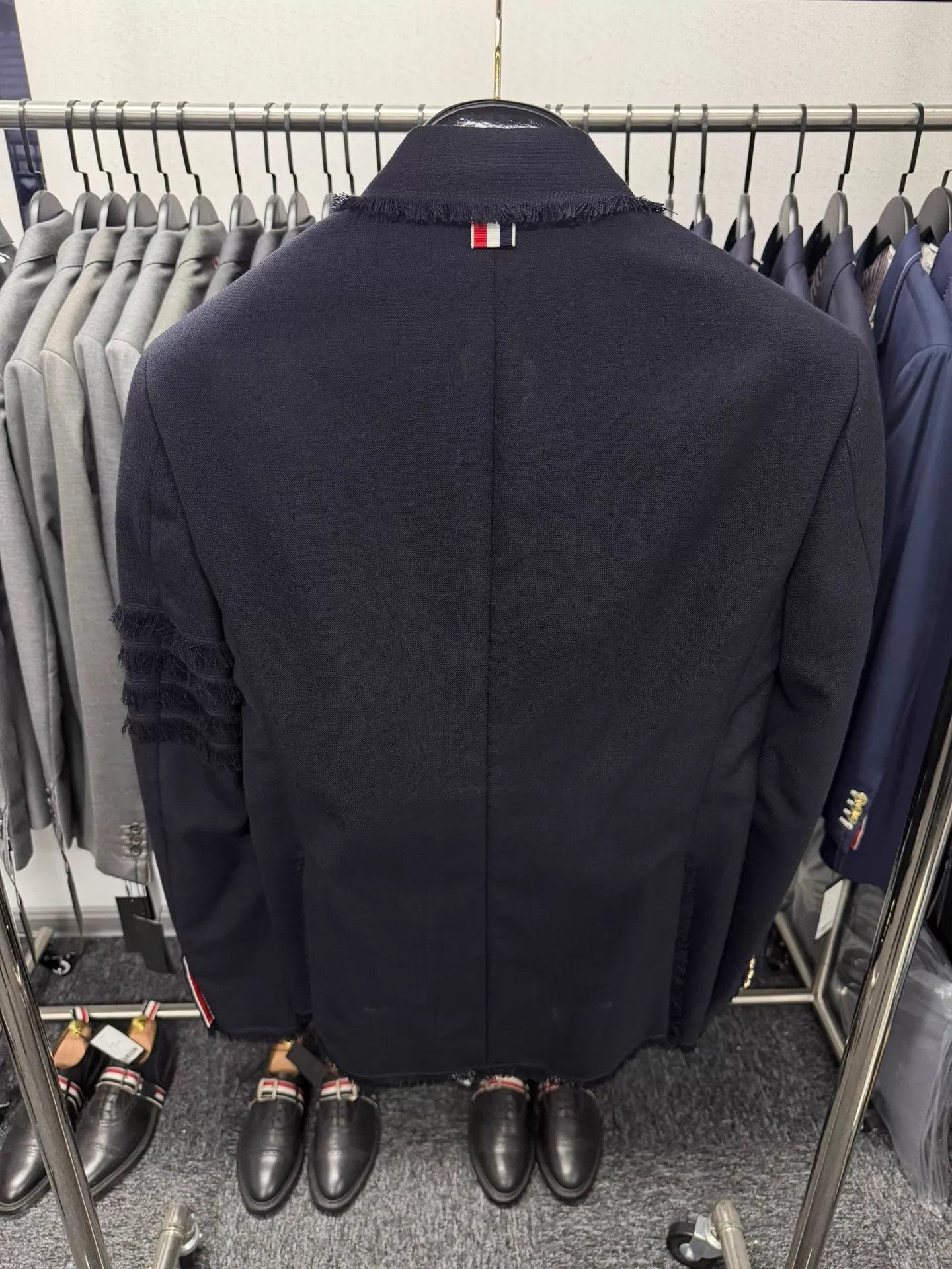 Thom Browne Thom Browne Men's 4-Bar Fringe Distressed Navy Slim Blazer Size US S / EU 44-46 / 1 - 2 Thumbnail