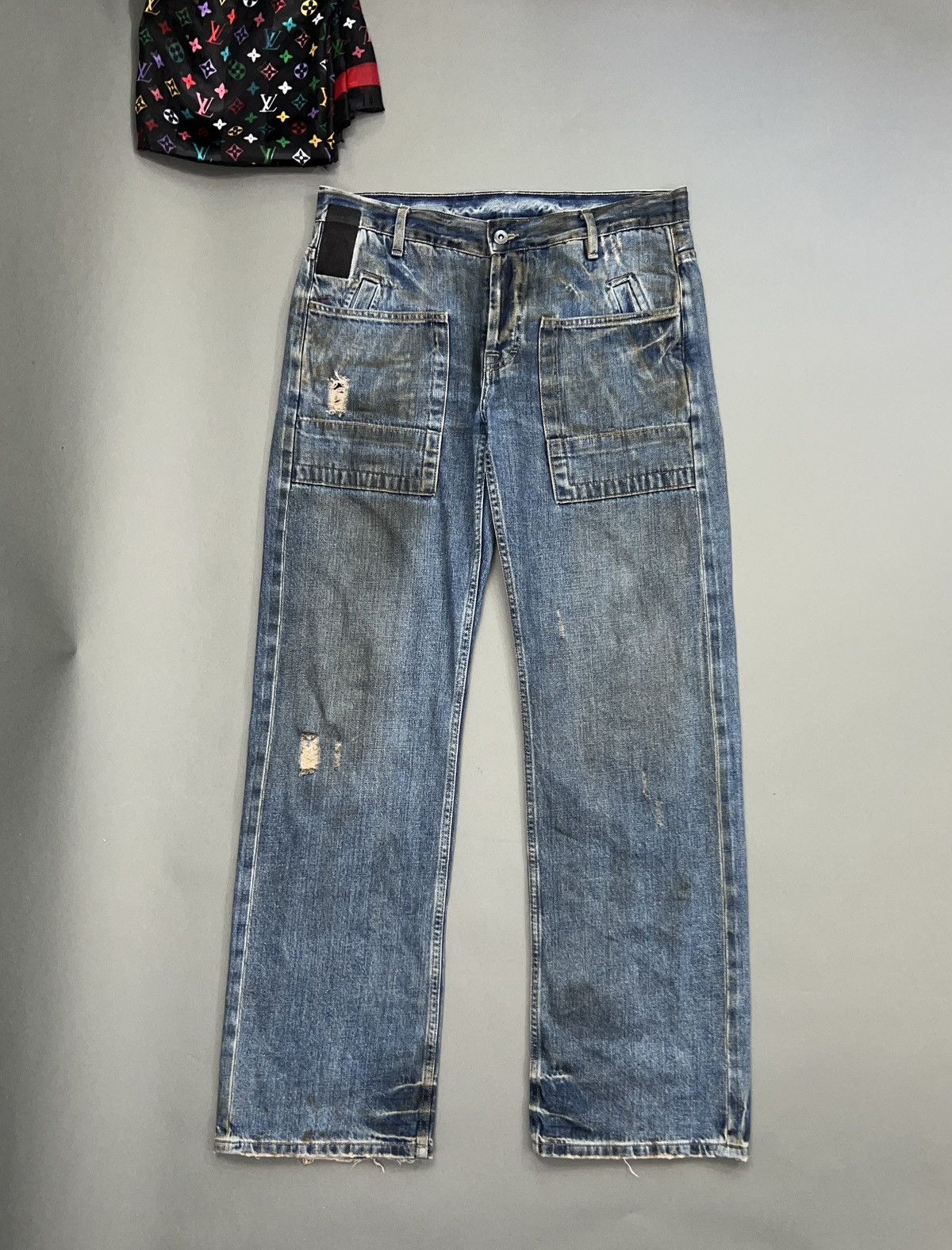 image of Grail x Rick Owens Super Rick Owens Slab Denim Muddy Flare Cargo Jeans in Blue, Men's (Size 34)