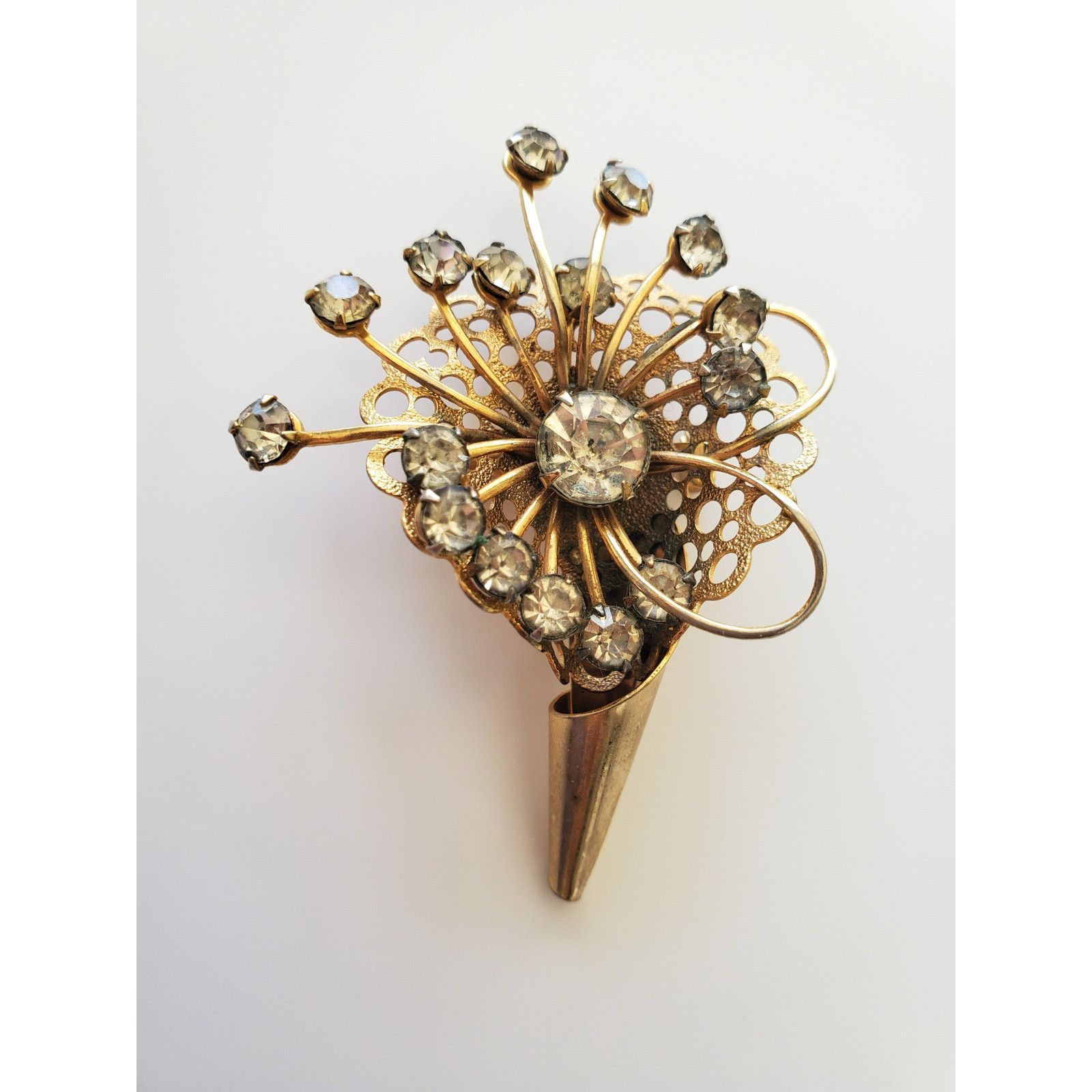 Other Vintage Rhinestone Filigree Cornucopia Flower Vase Brooch Size ONE SIZE - 1 Thumbnail