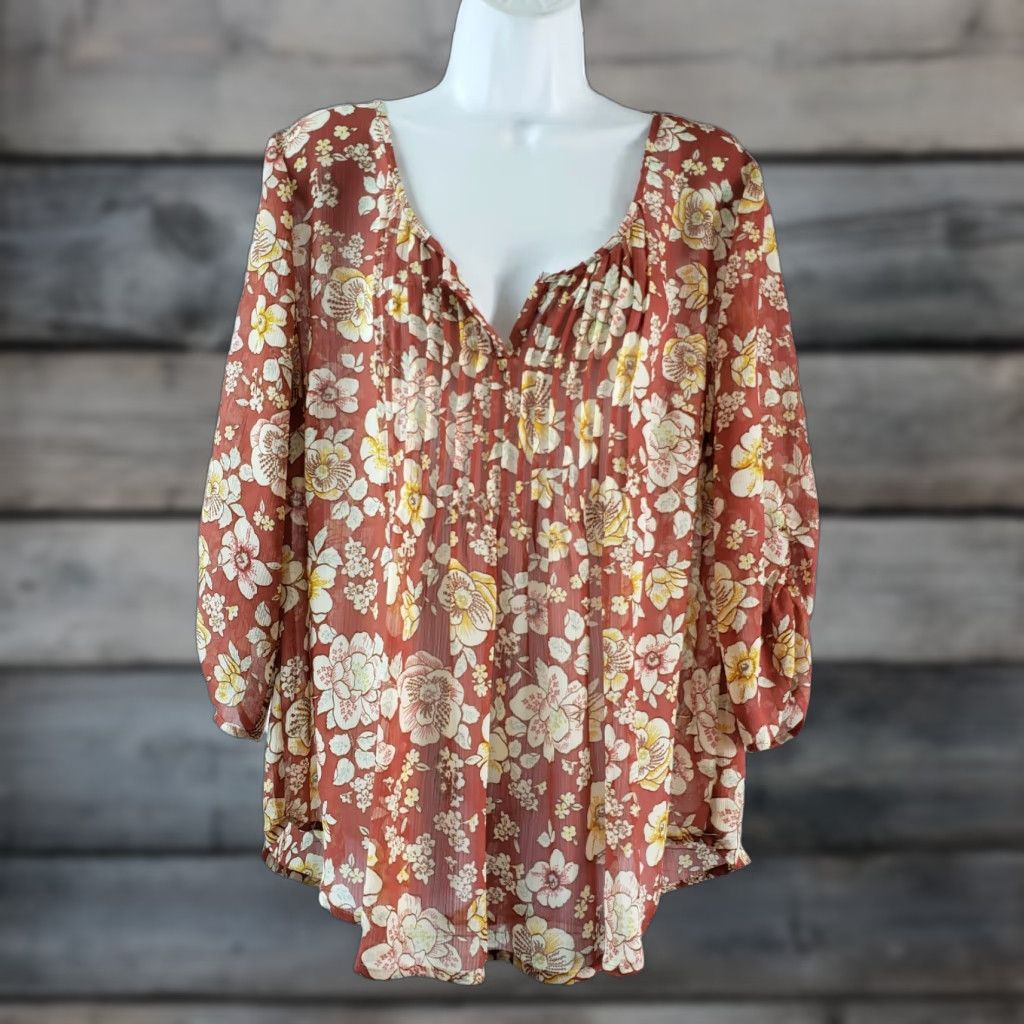 Torrid Torrid Blouse Womens 3/4 Sleeve Floral Sheer Pleated Multicolor Sz 00/XS Size L / US 10 / IT 46 - 1 Thumbnail