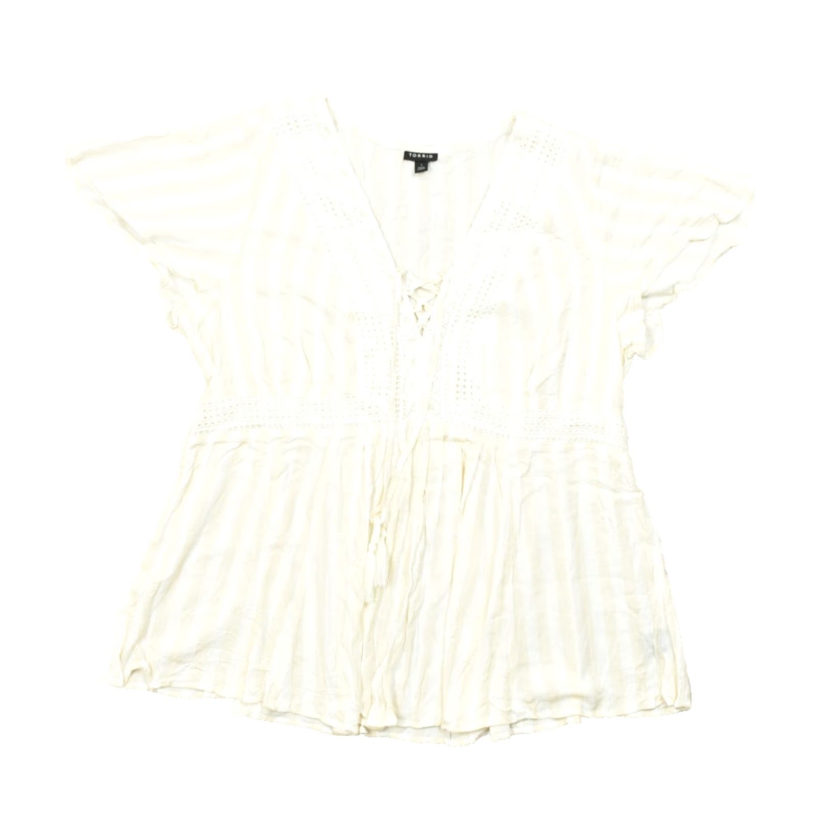 Torrid Torrid Blouse Shirt Ivory Yellow Striped Rayon Peplum Lace V-Neck Lace-Up Top Womens Size 1 Short Sleeve Size XS / US 0-2 / IT 36-38 - 2 Thumbnail