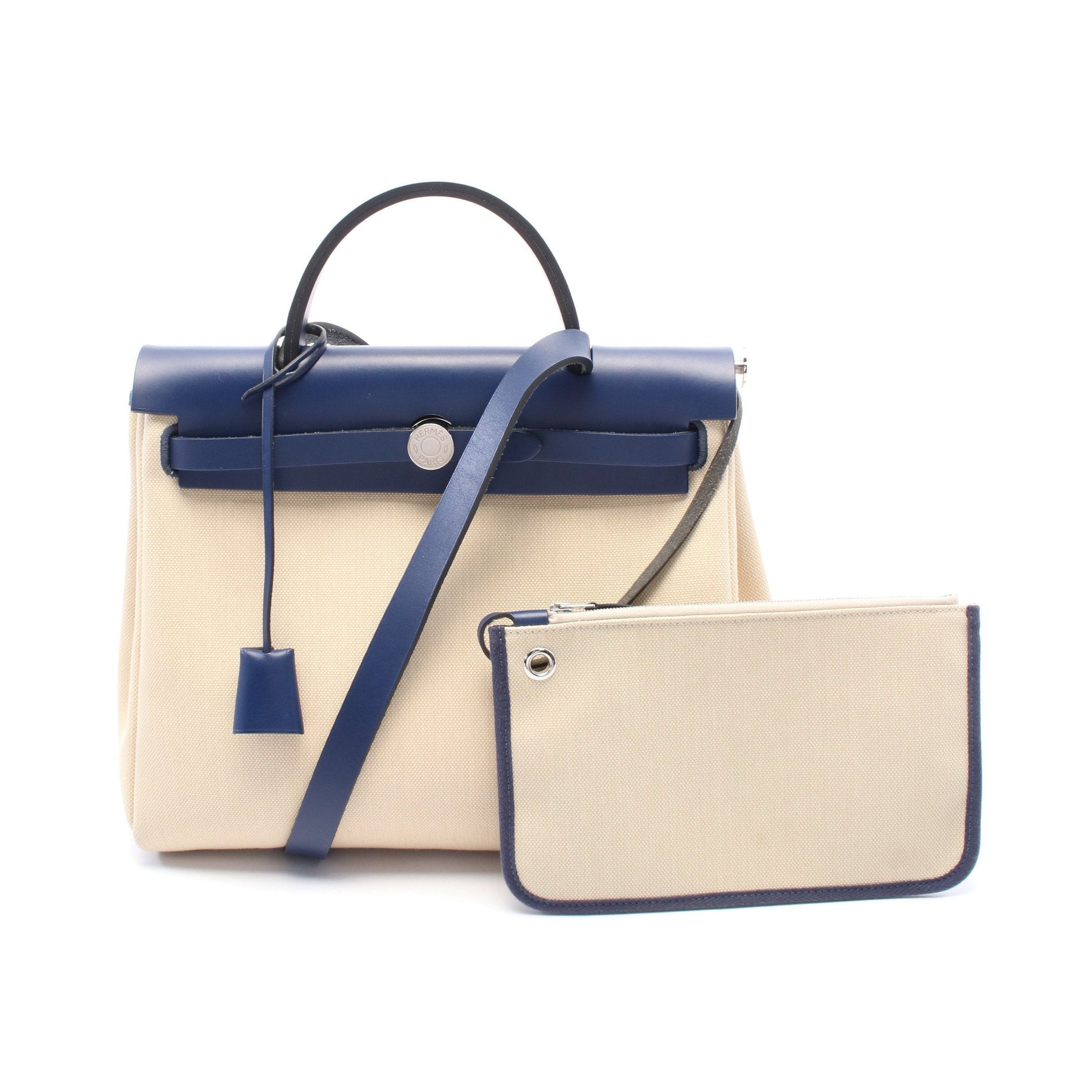 Hermes Hermes Herbag Zip Pm Blue Saphir Handbag Toile Military Leather Beige Dark Silver Hardware Z Stamp Size ONE SIZE - 1 Thumbnail