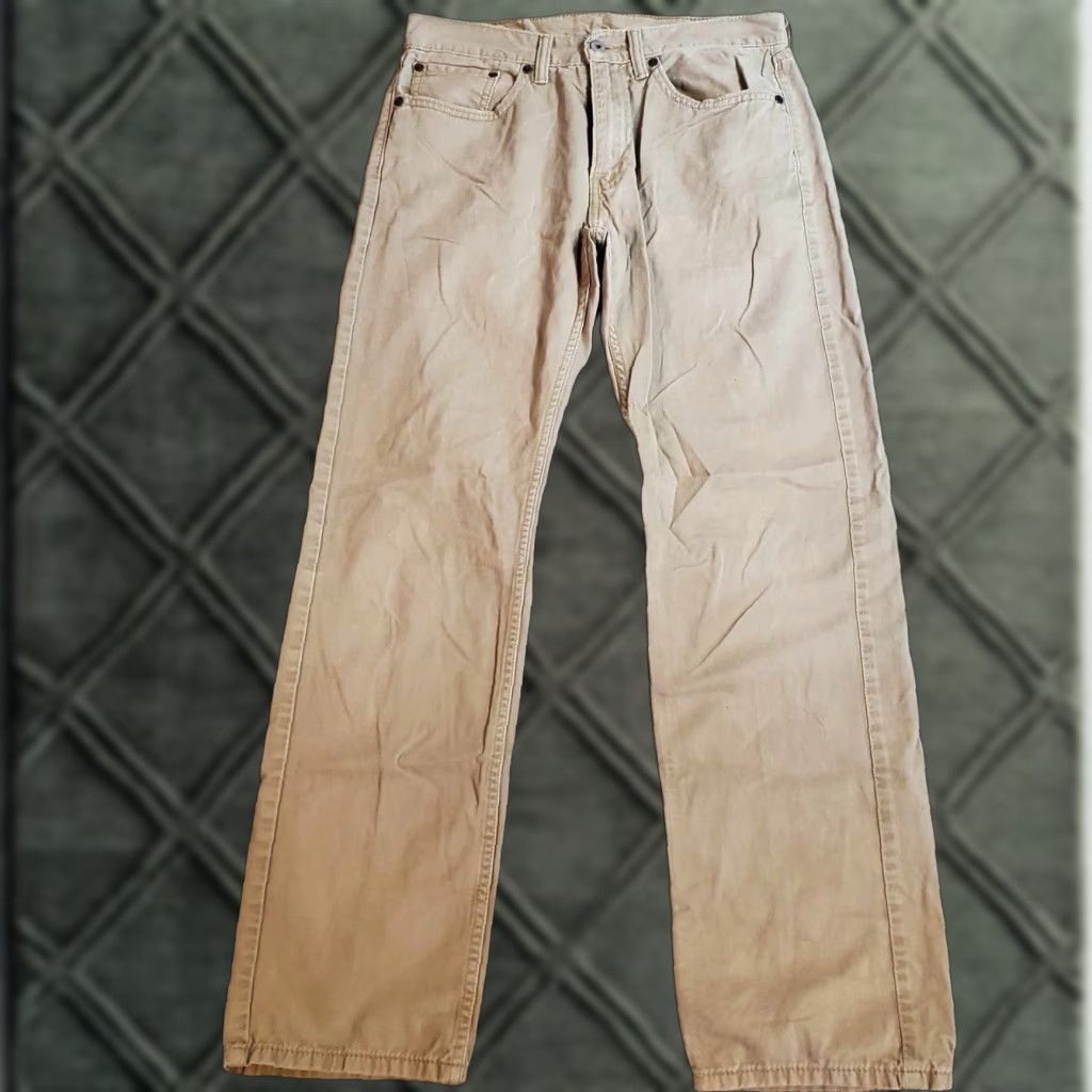 VINTAGE Levis 505 Pants Mens 32x29 Chino Khaki Regular Fit White Tab Tan Cotton Belt Loops Pockets Tapered Front Flat Front