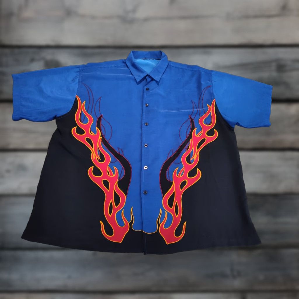 Vintage VINTAGE No Boundaries Shirt 2XL Blue Flames Graphic Print Button-Down Streetwear Men Shirts Mens 90s Retro Grunge Size US XXL / EU 58 / 5 - 1 Thumbnail