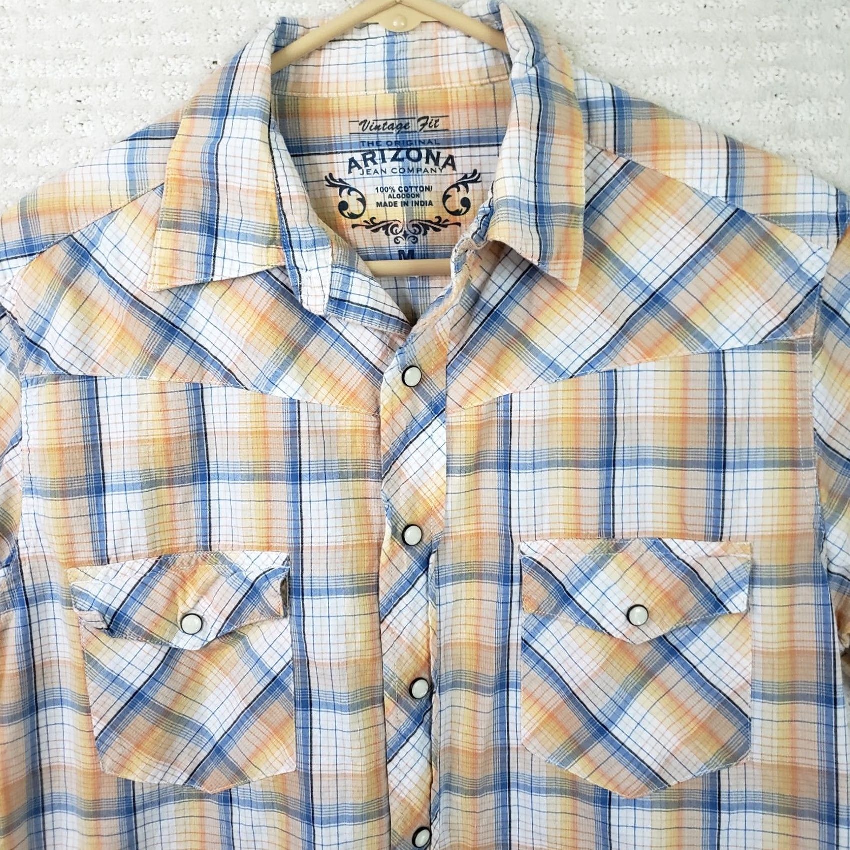 Vintage VINTAGE AriZona Western Shirt Cotton Blue Peach Plaid Short Sleeve Pearlsnap Button-Up M Mens BB 90s Size US M / EU 48-50 / 2 - 3 Thumbnail