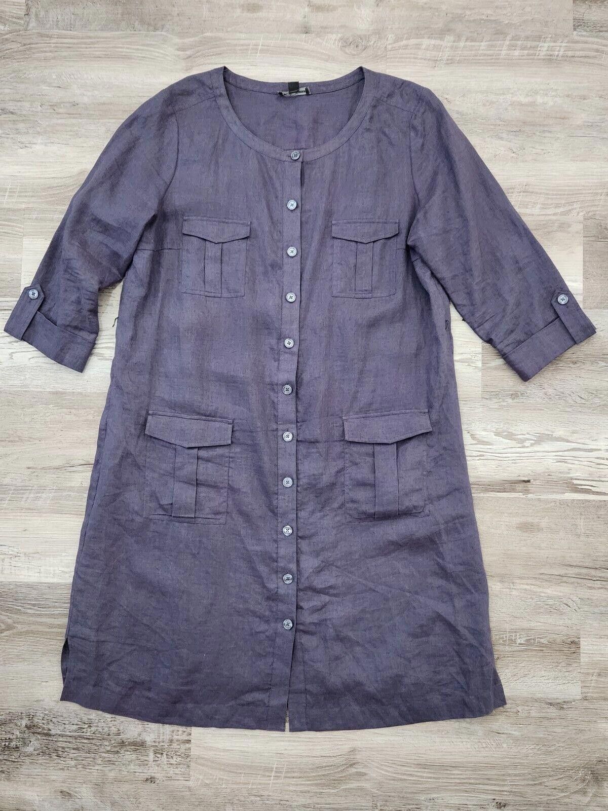 Designer Go Silk Dress Extra Large 100% Linen Blue Button Down Size XL / US 12-14 / IT 48-50 - 1 Thumbnail