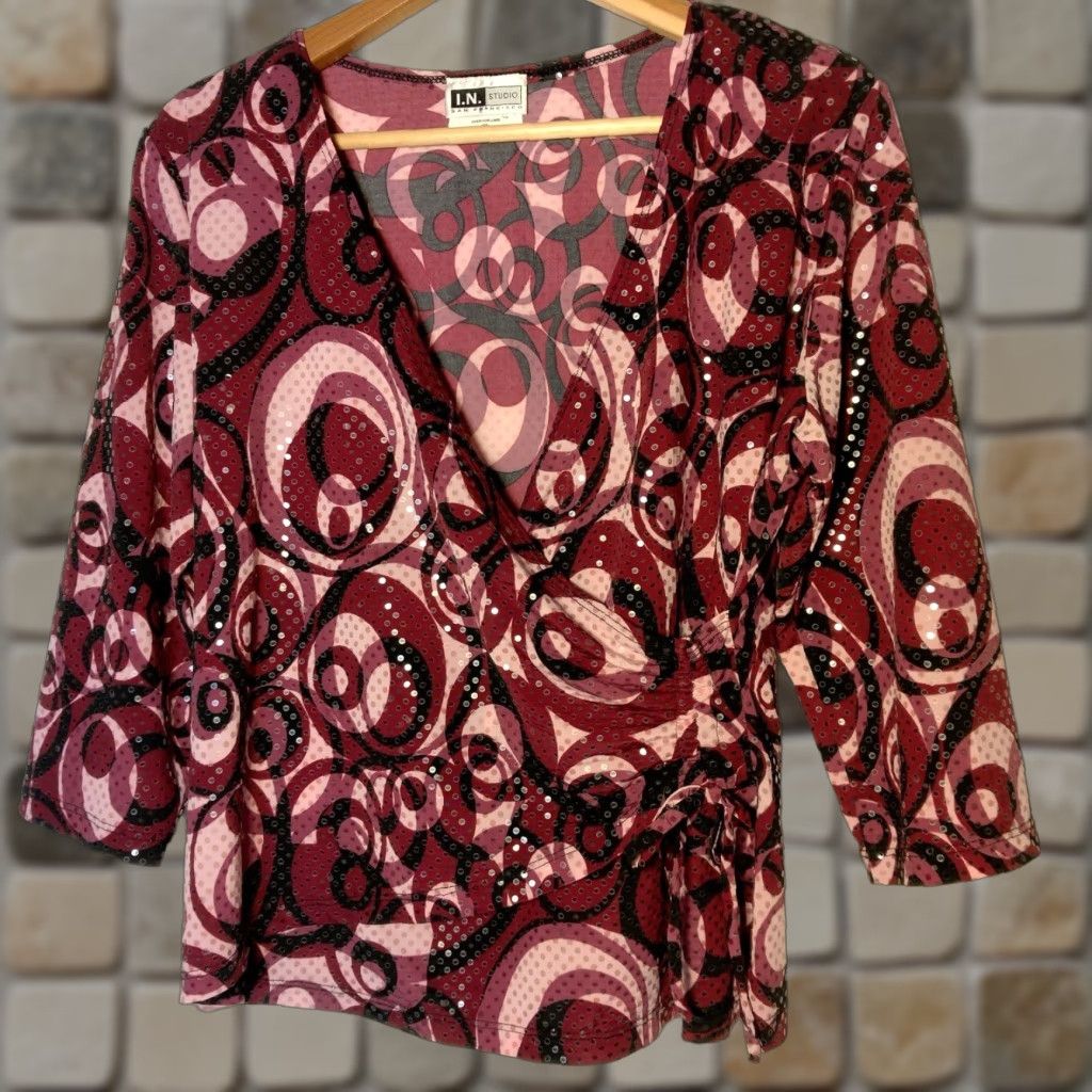 Vintage VINTAGE I.N. Studio Faux Wrap Shirt Womens XL Purple Sequin Swirl 3/4 Sleeve Y2K Vintage Theme Women Menoplace? Size XL / US 12-14 / IT 48-50 - 1 Thumbnail