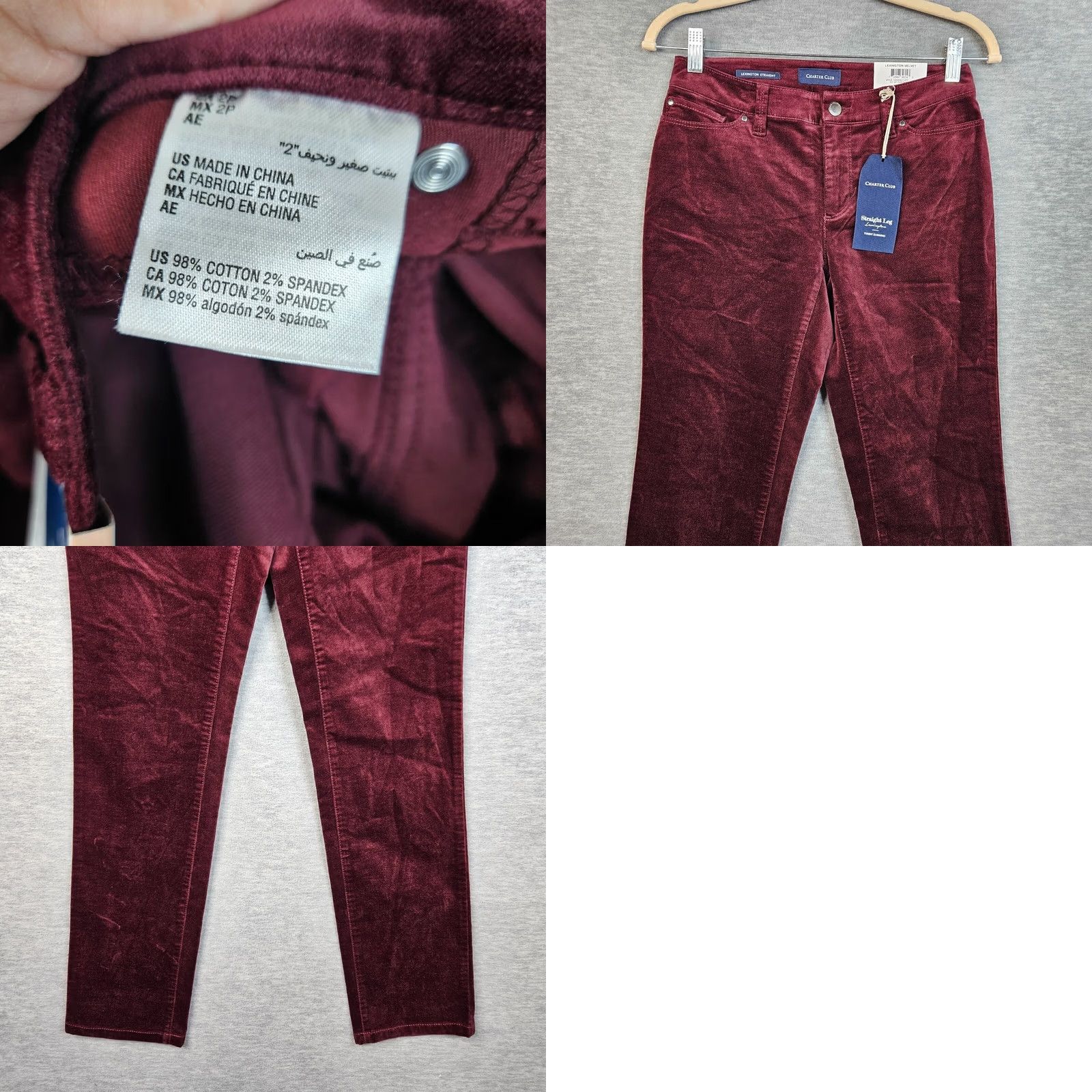 Charter Club Charter Club Straight Leg Velvet Pants Sz 2P NEW Red Slimming Casual Shirt/Chino style with Button accents Womens Size 26" / US 2 / IT 38 - 8 Thumbnail