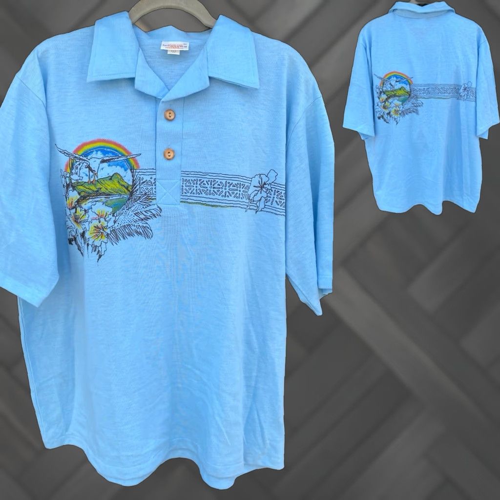 Vintage VINTAGE Mervyns Men’s Collection Hawaiian Polo Shirt XL Shirt Casual 1980s Blue Tropical Rainbow 70s 80s Size US XL / EU 56 / 4 - 1 Thumbnail