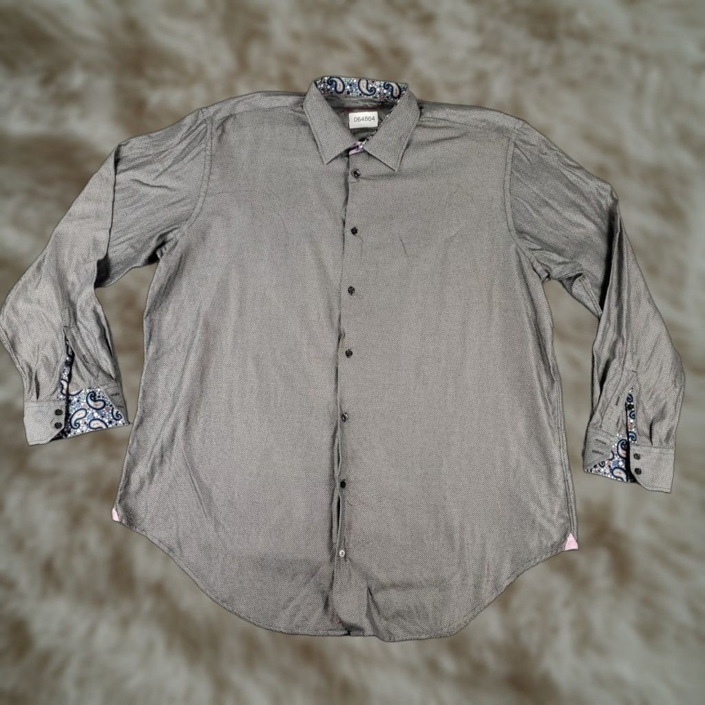 Robert Graham Robert Graham Shirt Mens 18.5 Gray Dress Button Up Long Sleeve non-iron Pockets Size 48R - 1 Thumbnail