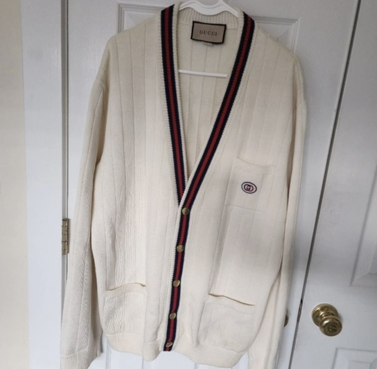 Gucci Gucci Men's Ivory Cable-Knit Cardigan XXL Stripe Trim Logo Size US XXL / EU 58 / 5 - 4 Thumbnail