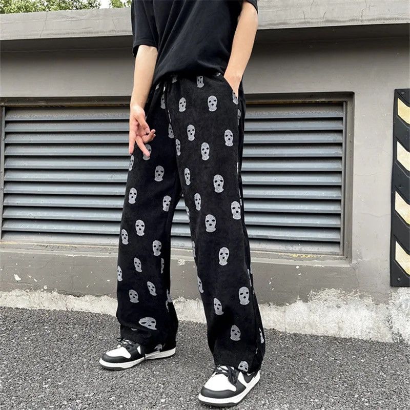 image of Black Color Skull Full Print Drawstring Casual Pant, Men's (Size 31)
