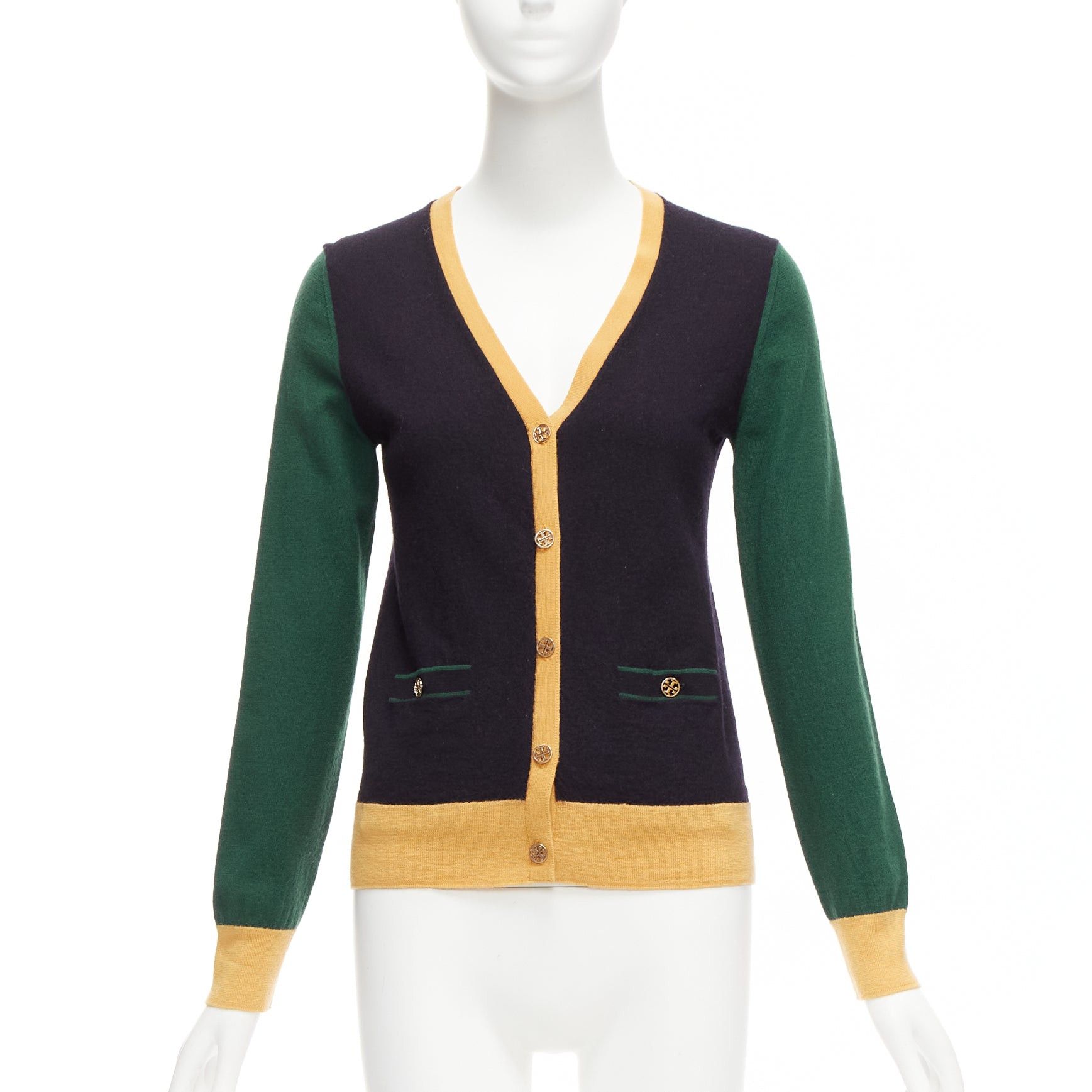 Tory Burch TORY BURCH 100% merino wool colorblocked logo button cardigan sweater M Size M / US 6-8 / IT 42-44 - 1 Thumbnail