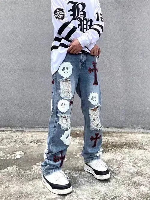 Japanese Brand × Jean High street heavy embroidered ripped straight jeans Size US 32 / EU 48 - 2 Thumbnail