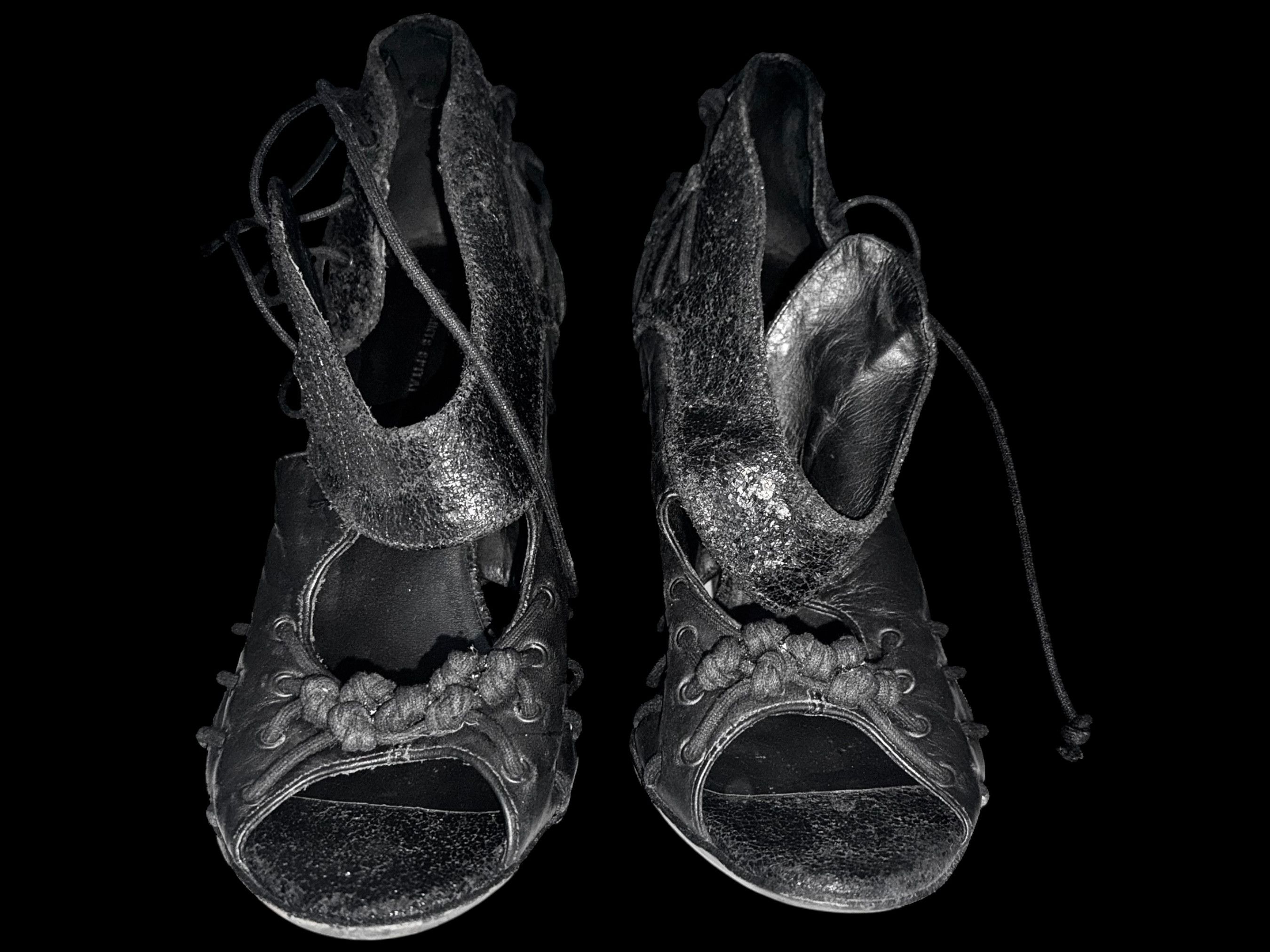Allsaints AllSaints Gothic Avant Garde Black Leather Wedge Sandals Size US 8 / IT 38 - 2 Thumbnail