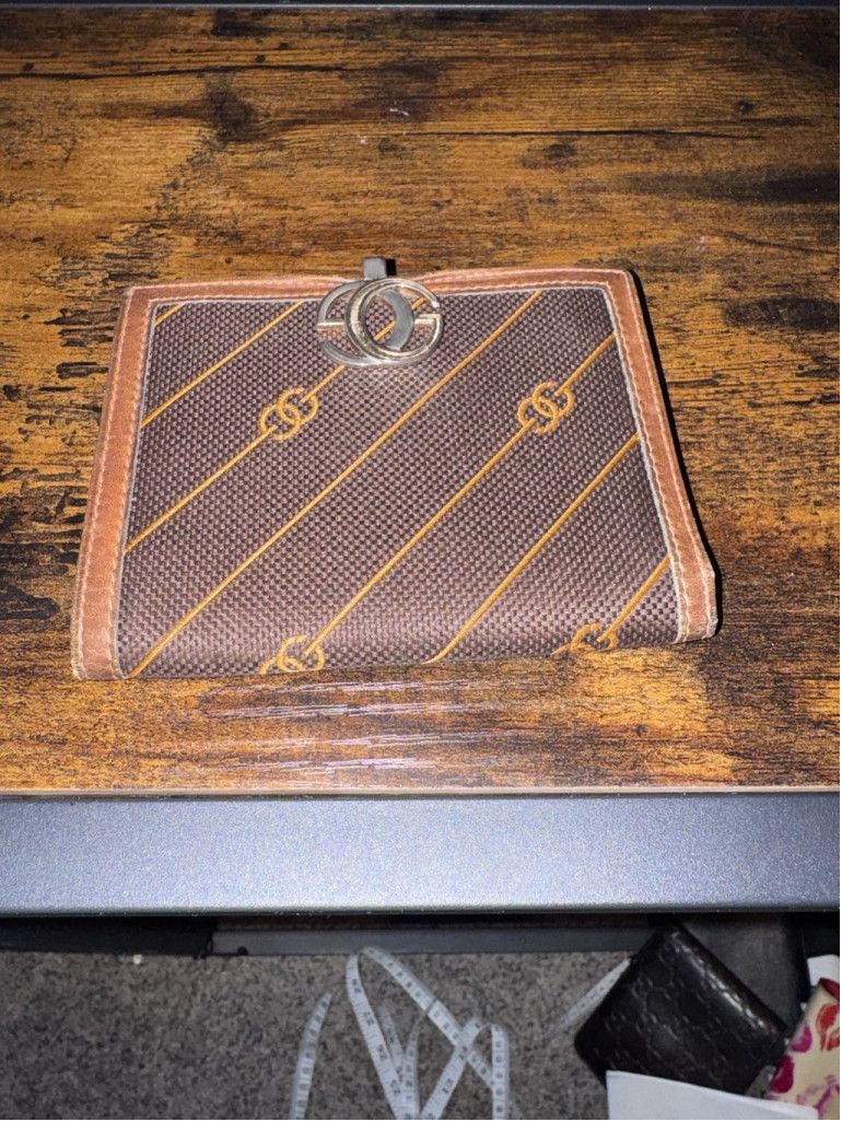 Gucci Diagonal Striped Canvas Leather Trim Bifold 70’s 80’s