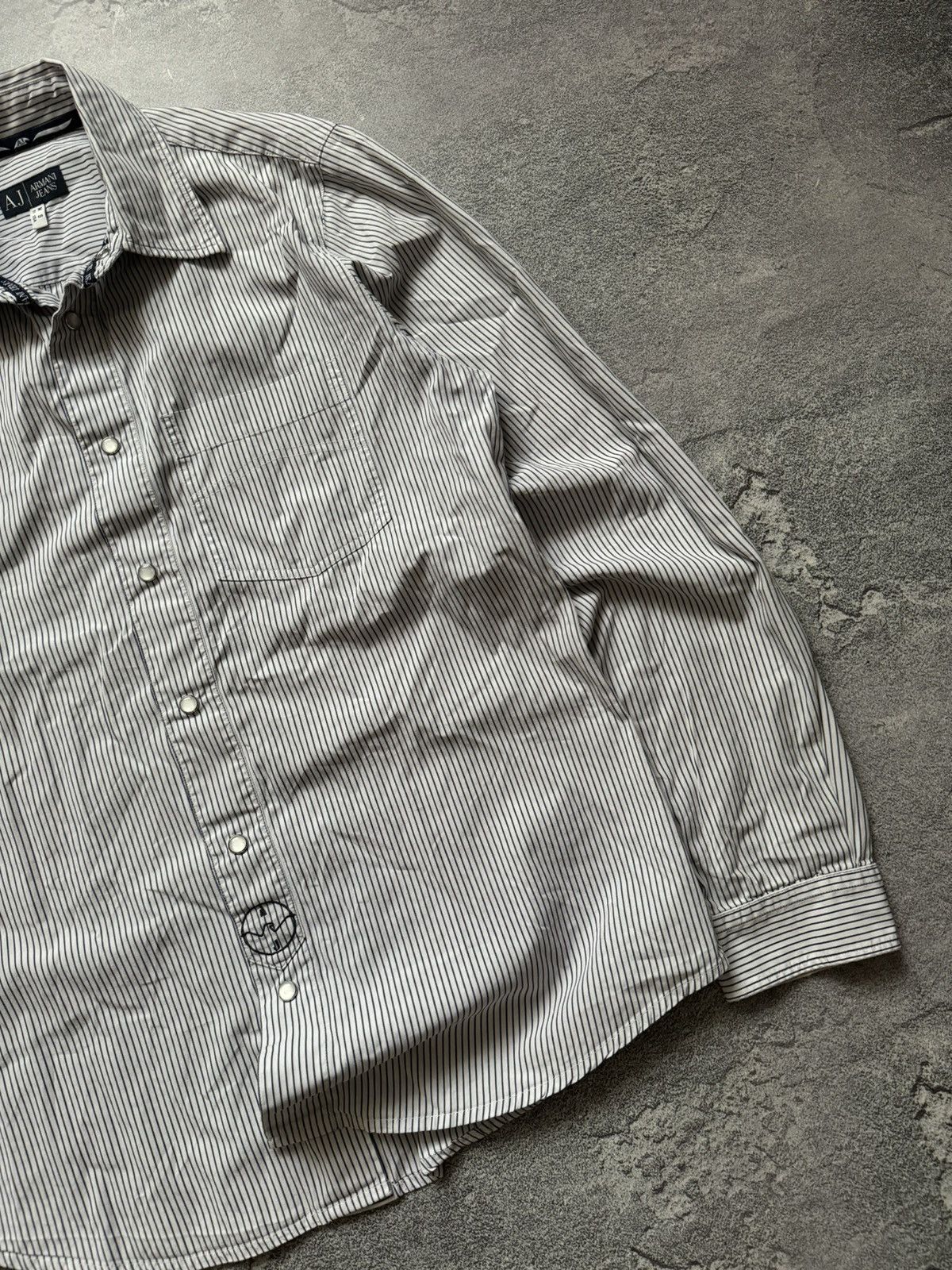 Armani × Vintage Armani Jeans M striped big logo shirt polo long sleeve buton Size US M / EU 48-50 / 2 - 10 Thumbnail