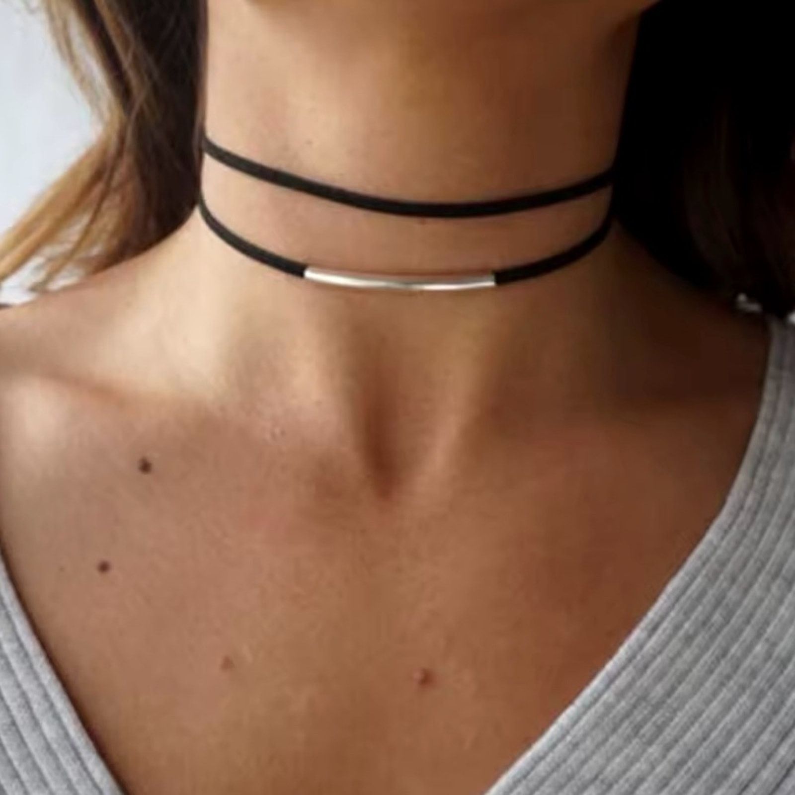 Other Black Velvet Silver Choker Necklace Double Layer velvet Size ONE SIZE - 1 Thumbnail
