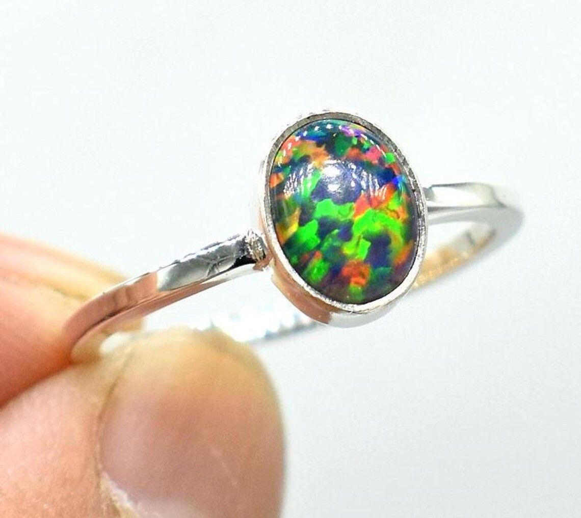 Handmade Multi Fire Opal 925 Silver Ring - Dainty Wedding Jewelry Size ONE SIZE - 7 Thumbnail