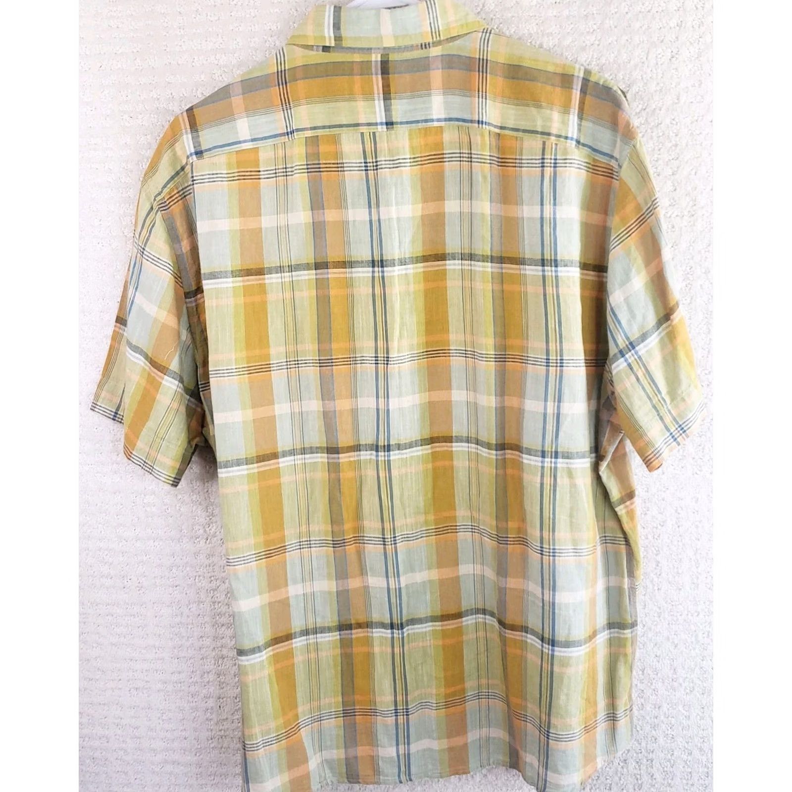 Vintage Two Flowers Linen Blend Camp Shirt Men XL Yellow Green Orange Plaid SS Button Size US XL / EU 56 / 4 - 6 Thumbnail