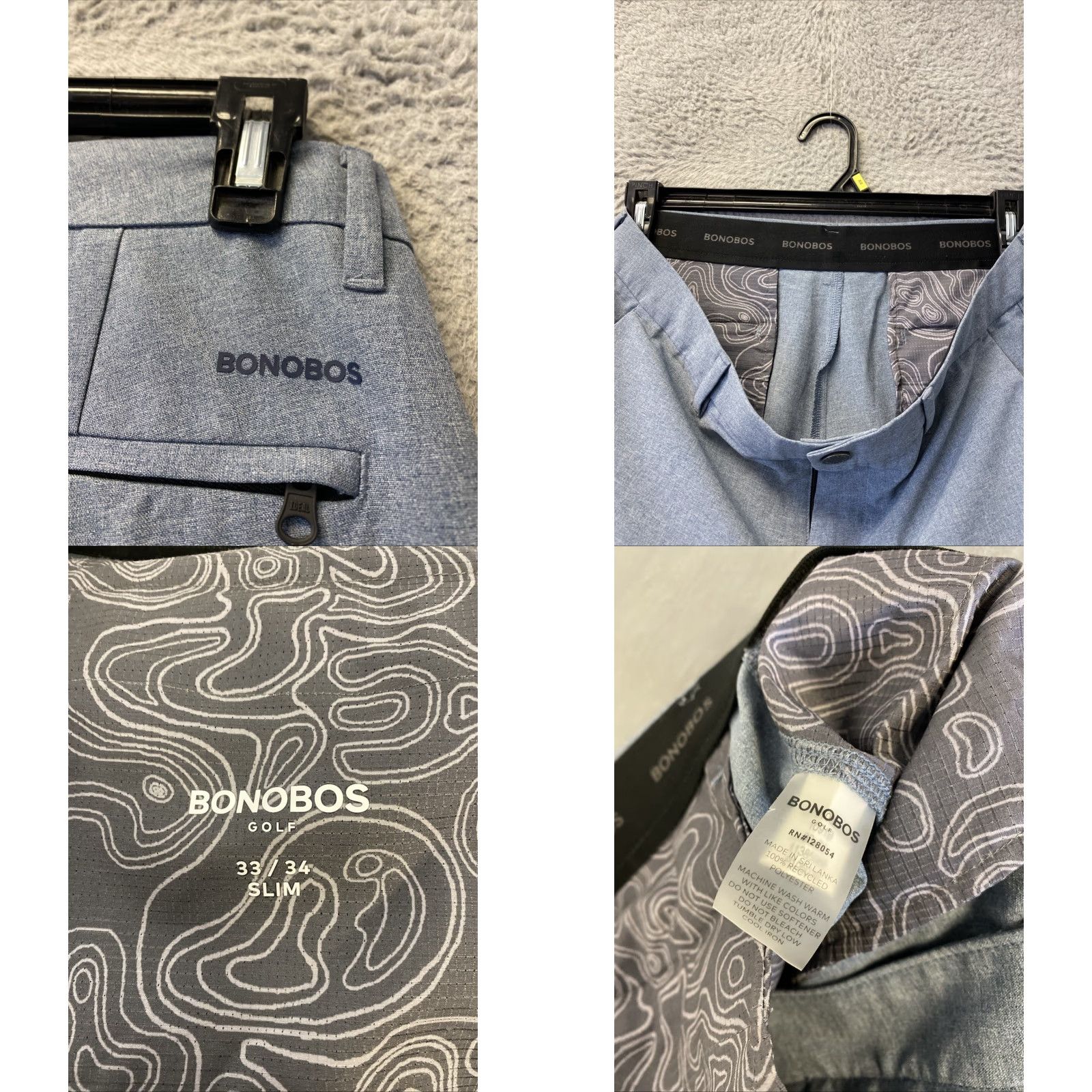 Bonobos Bonobos Men’s Golf Pants Gray Blue Polyester Button Zip Pockets /33x34 Pants Mens Chino Straight Pockets 34in Inseam Adjustable? Size US 33 - 8 Thumbnail