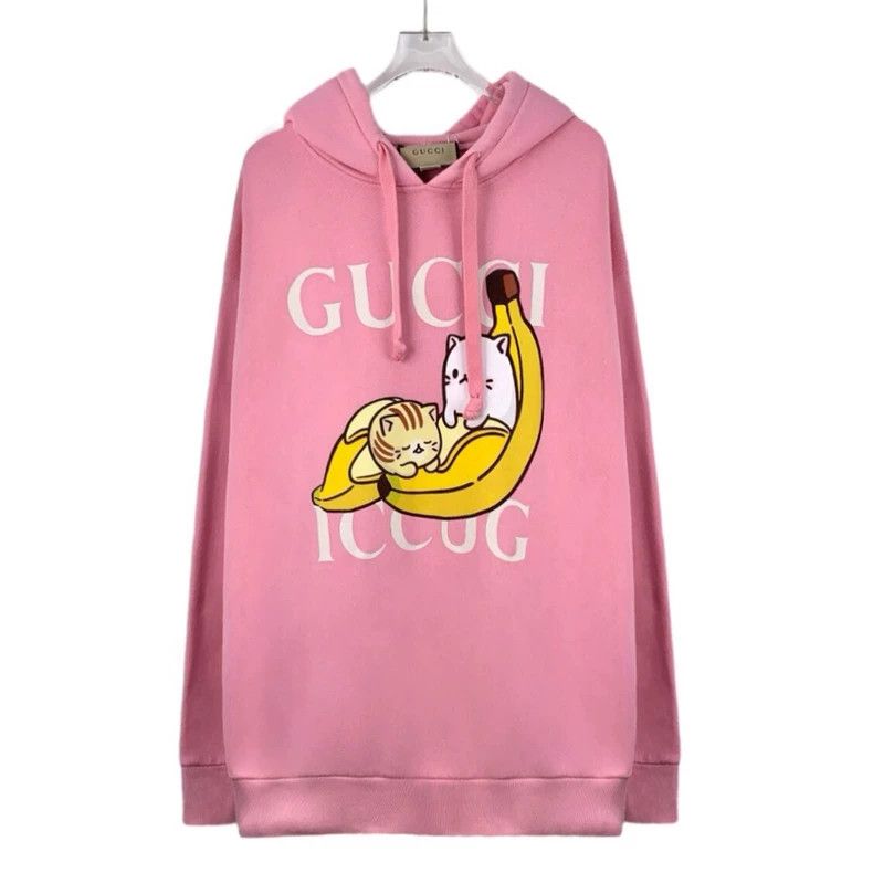 Gucci Pink banana cat letter print cotton round-neck long-