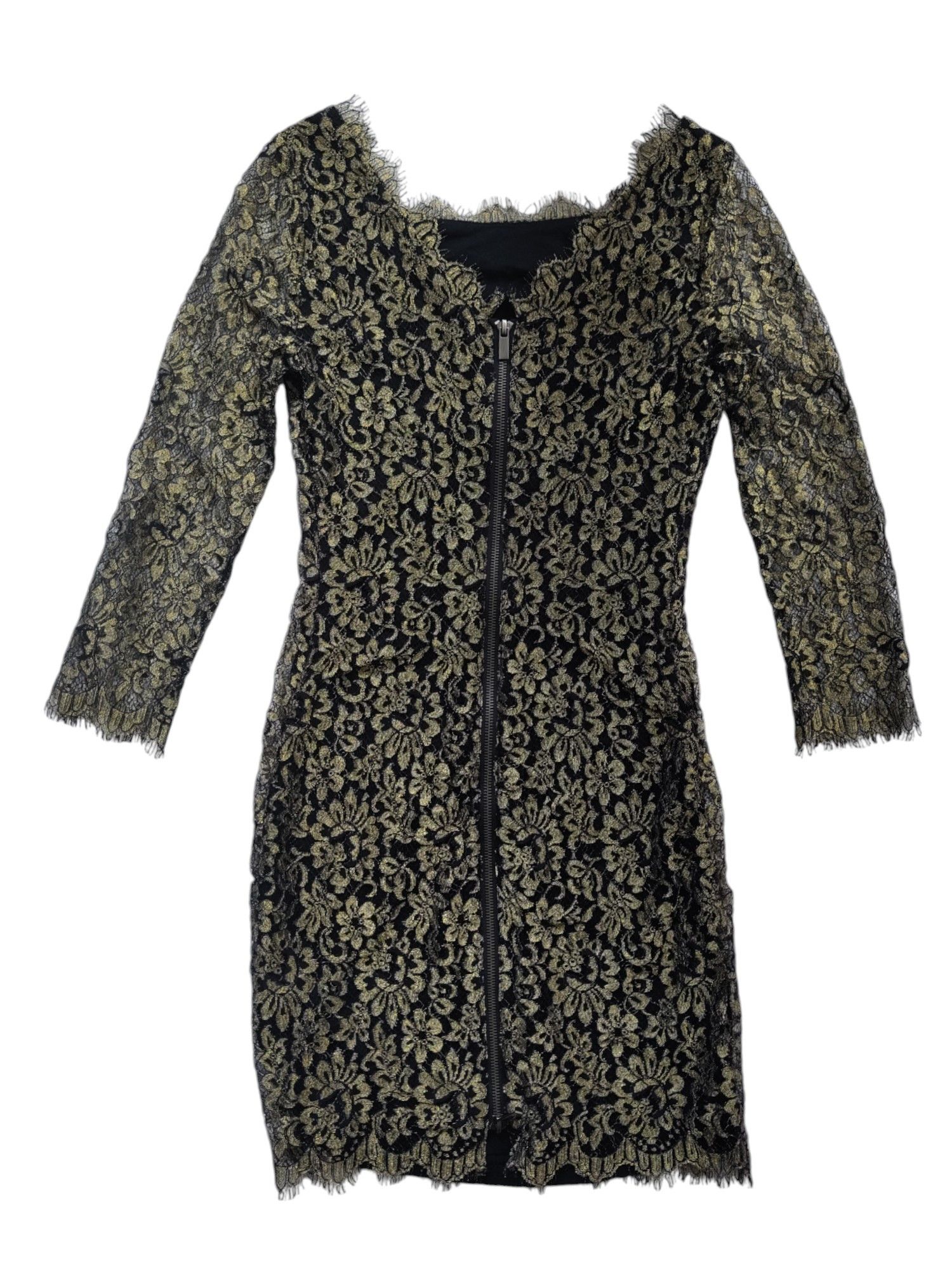 Diane von Furstenberg Black Golden Floral Laced Dress Size XS / US 0-2 / IT 36-38 - 2 Thumbnail