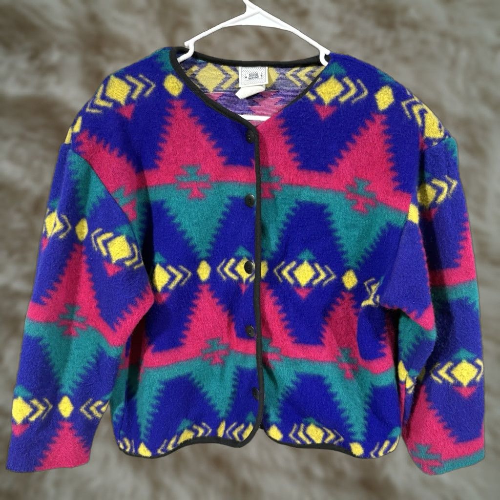 Vintage VINTAGE David Wayne Cardigan Women's S Small 80's Geometric Aztec Purple Fleece Knit Cardigan Accessories Buttons Shoulder Pads Size S / US 4 / IT 40 - 1 Thumbnail