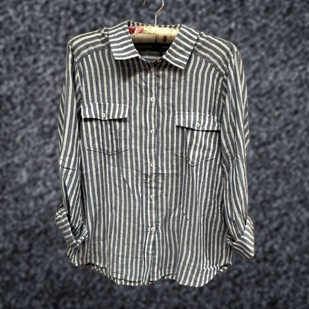 Paige PAIGE Womens Mable Shirt Large Blue Ivory Striped Roll Tab Sleeve Top Pockets Size L / US 10 / IT 46 - 1 Thumbnail