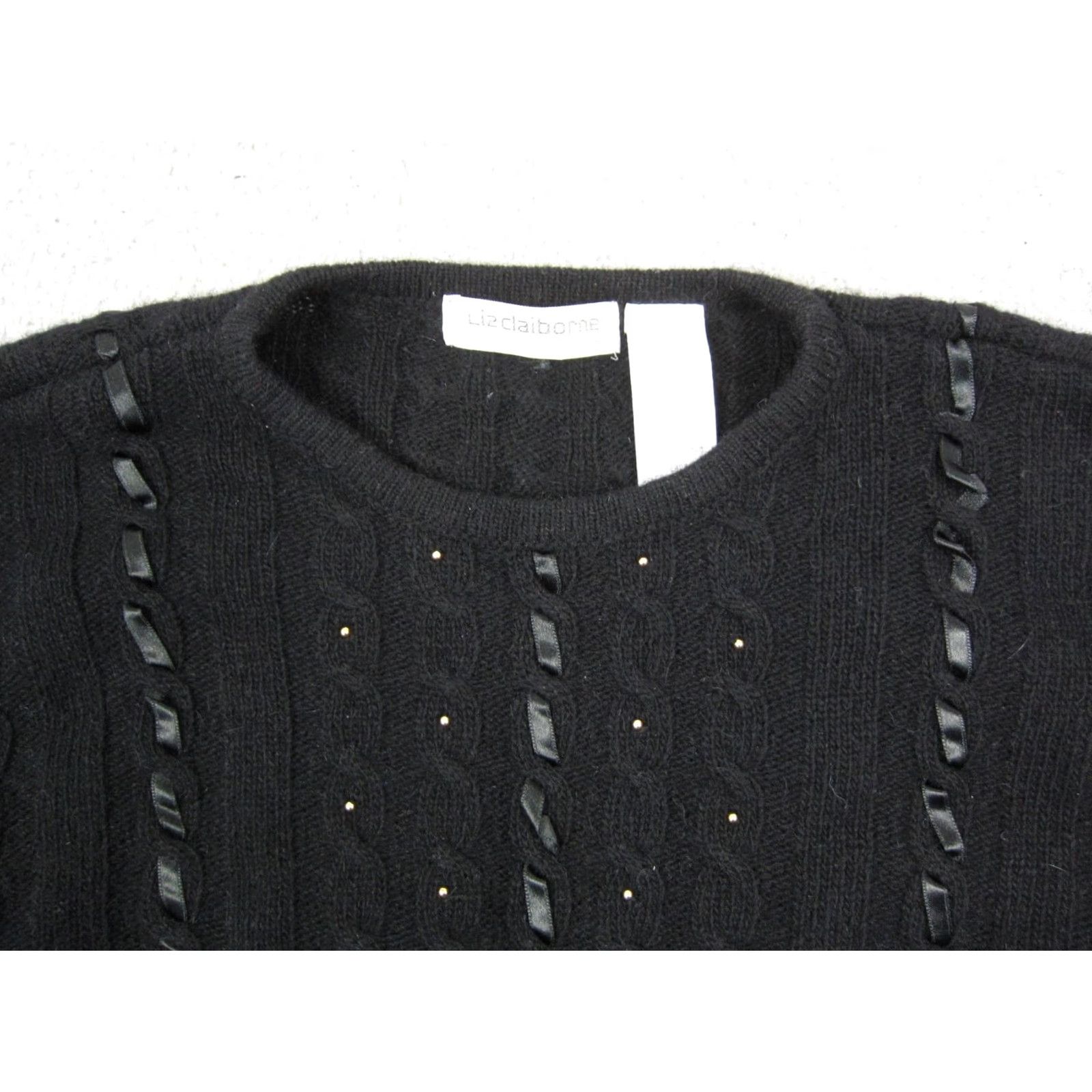 Liz Claiborne Liz Claiborne Sweater Womens Medium Black Angora Wool Beaded Cable-Knit Crew Neck Pullover 90s Classic Knit Casual Business Women Size M / US 6-8 / IT 42-44 - 2 Thumbnail