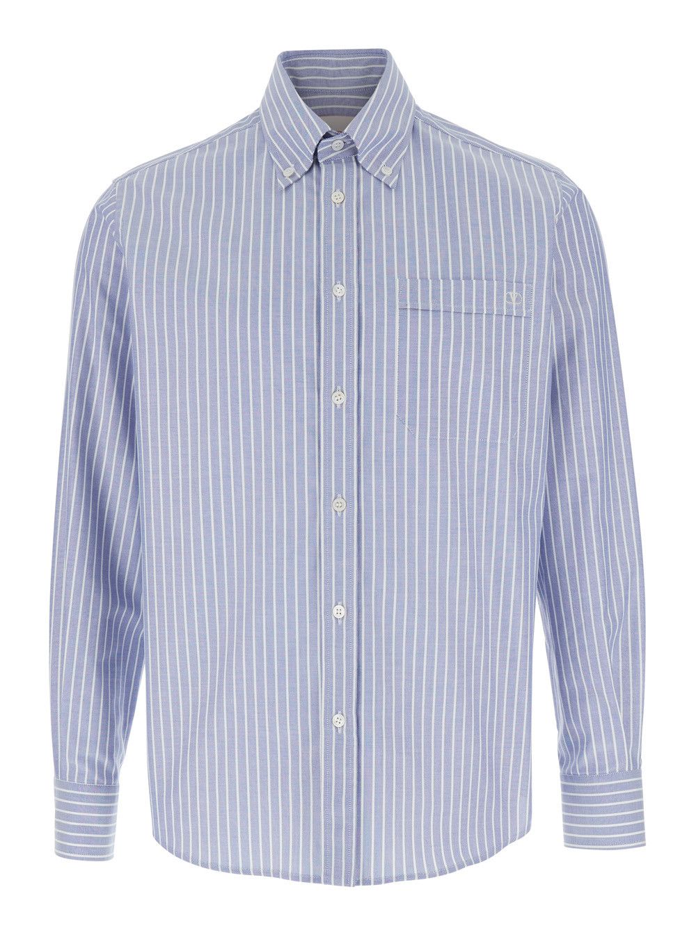 Valentino Light Blue Shirt with Logo Detail on the Front and All-Over Striped Motif in Cotton Man Size US M / EU 48-50 / 2 - 1 Thumbnail