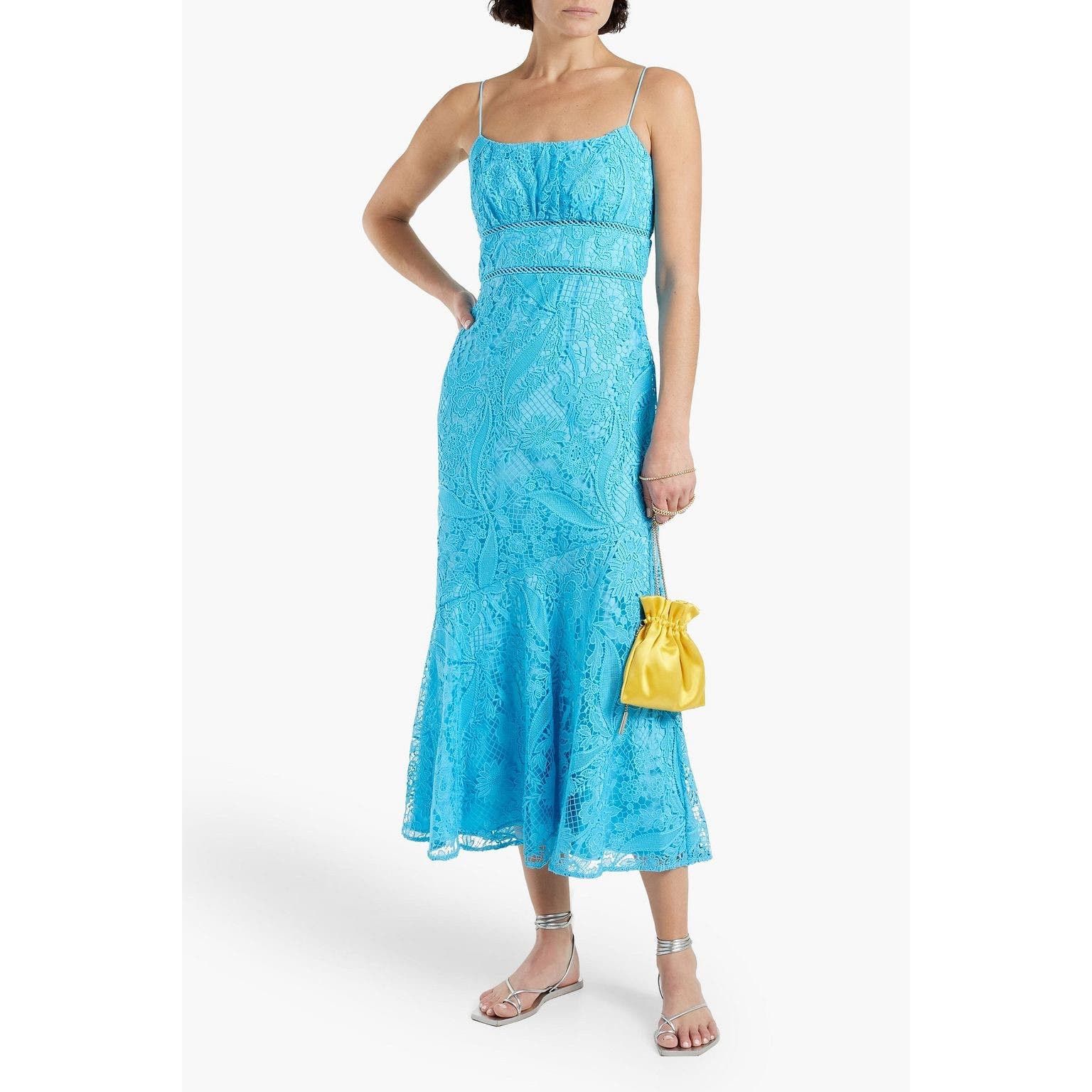 image of Ml Monique Lhuillier Fluted Guipure Lace Midi Dress-Blue, Women's (Size Small)