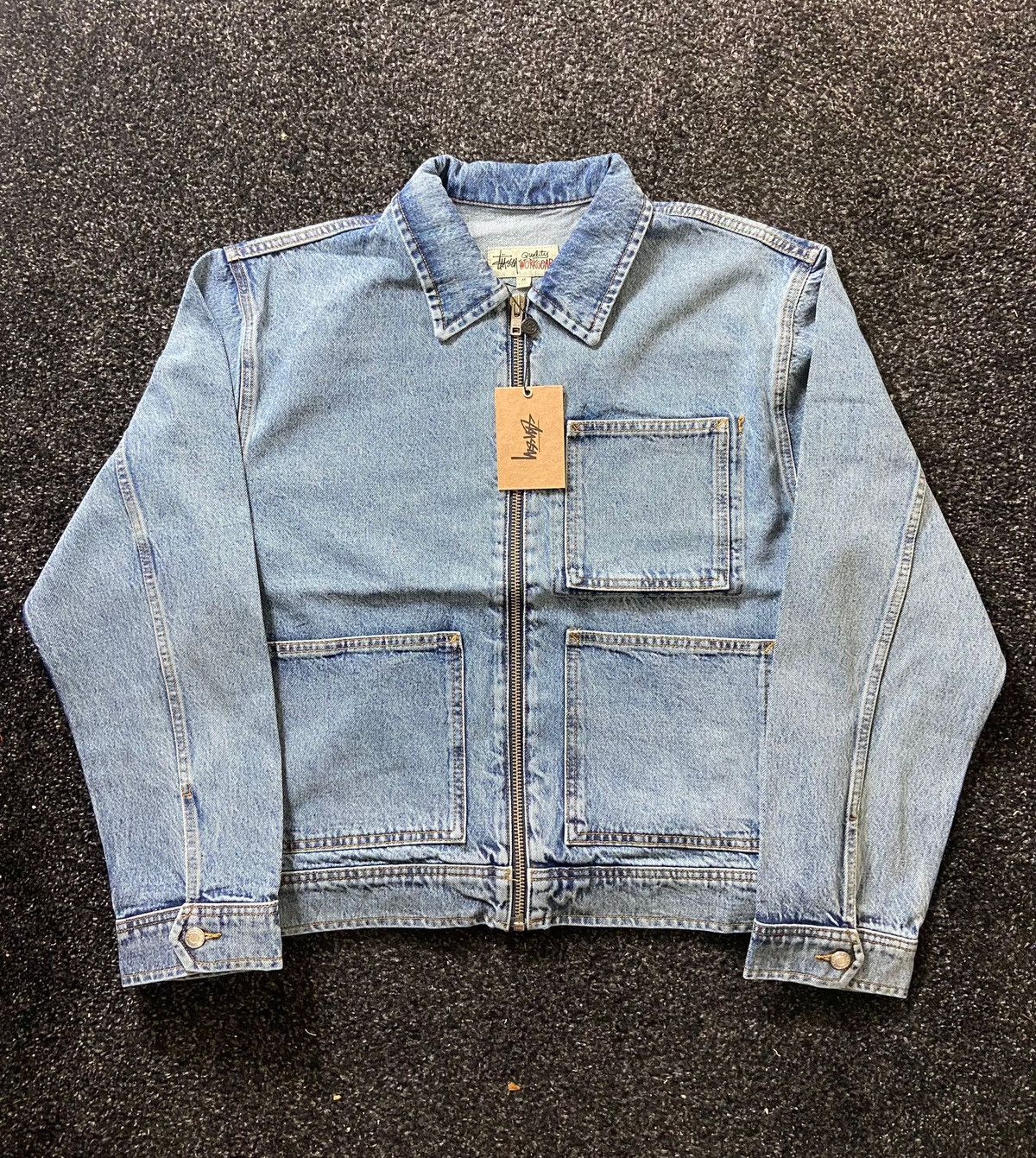 image of Stussy Zip Work Jacket Denim Washed Blue in Denim Blue, Men's (Size 2XL)