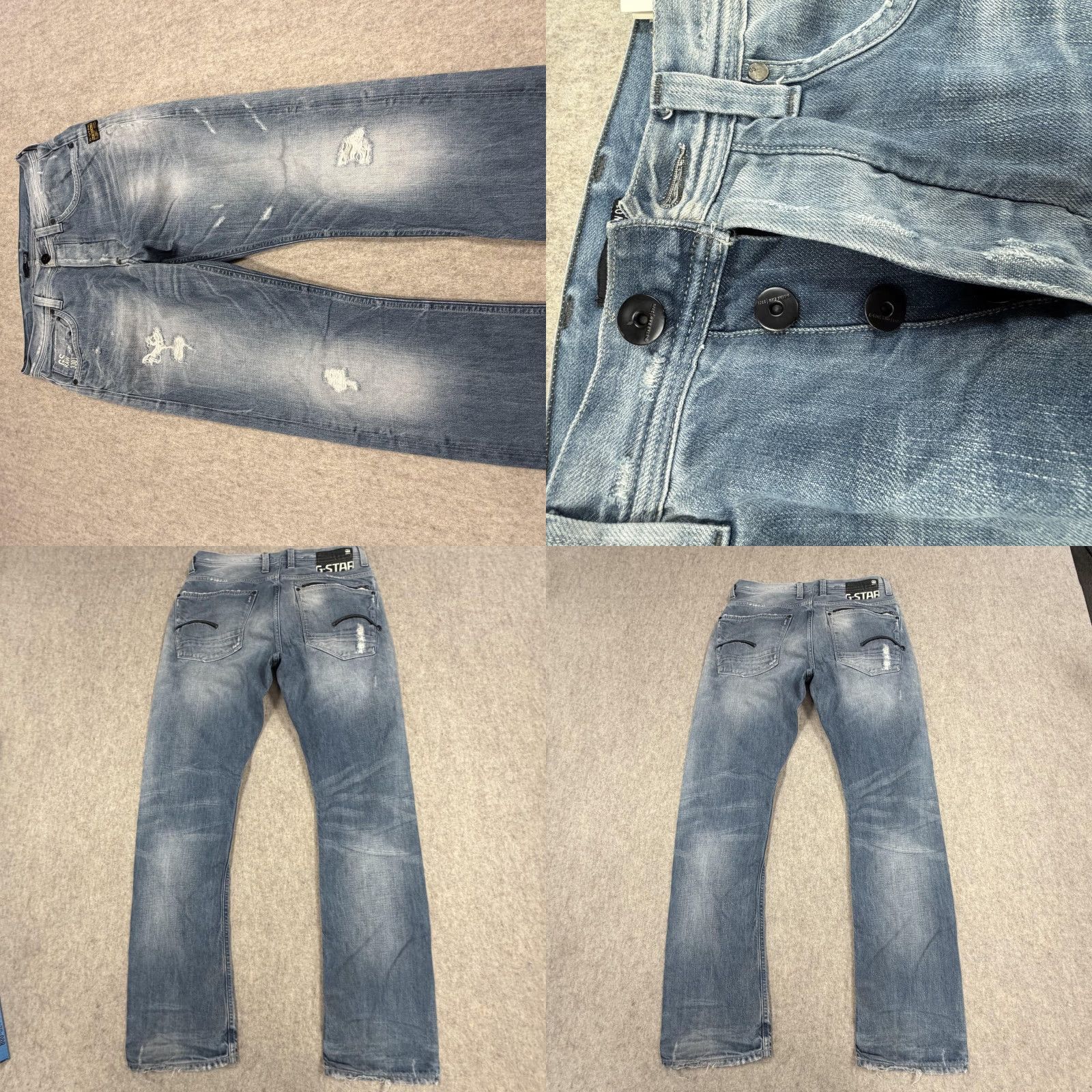 Vintage G-Star RAW Jeans Mens 33x34 Light Wash 3301 Distressed Straight Button Fly Size US 33 - 10 Thumbnail
